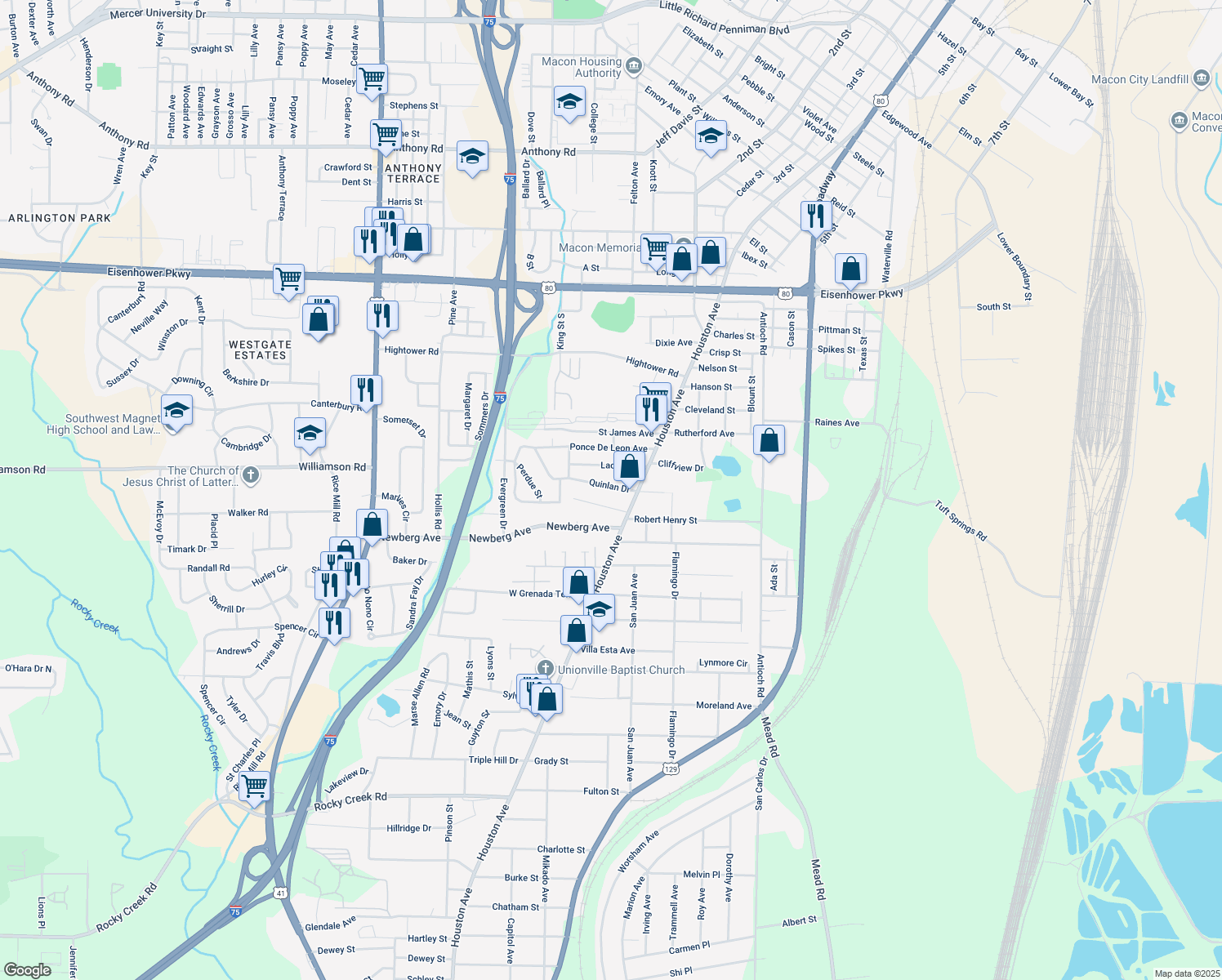map of restaurants, bars, coffee shops, grocery stores, and more near 770 Quinlan Drive in Macon