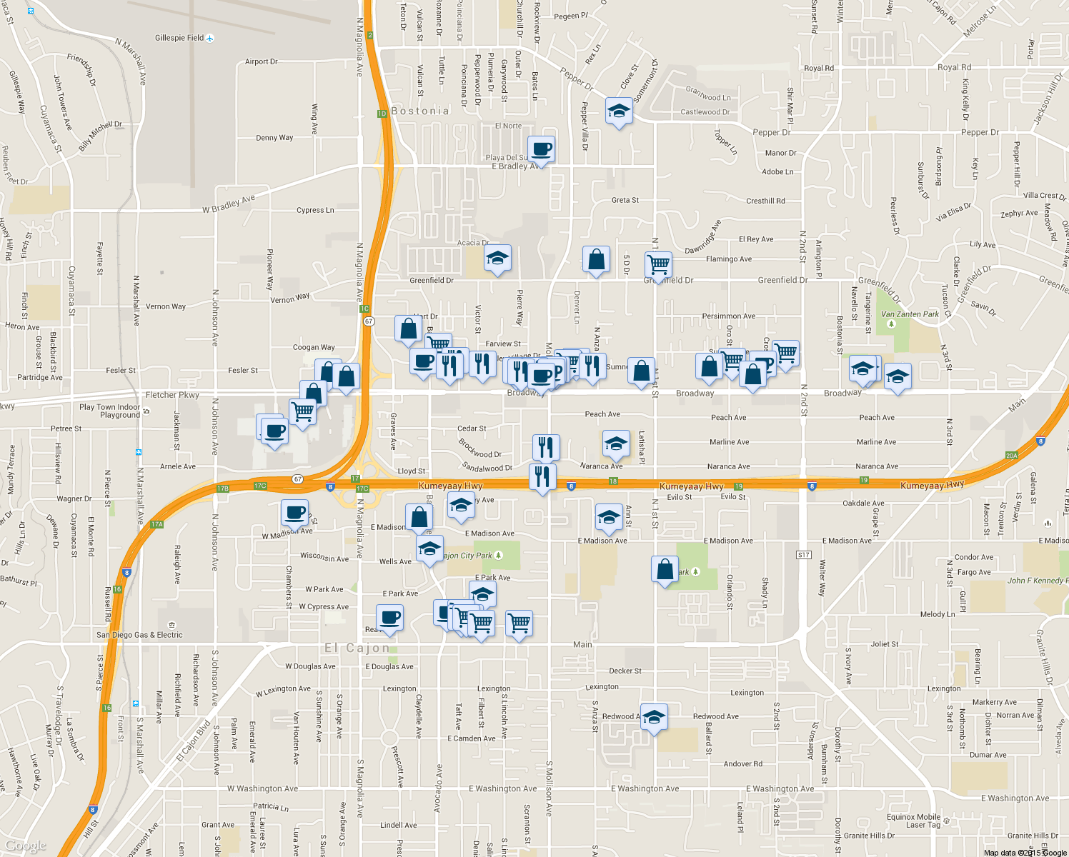 map of restaurants, bars, coffee shops, grocery stores, and more near 848 North Mollison Avenue in El Cajon