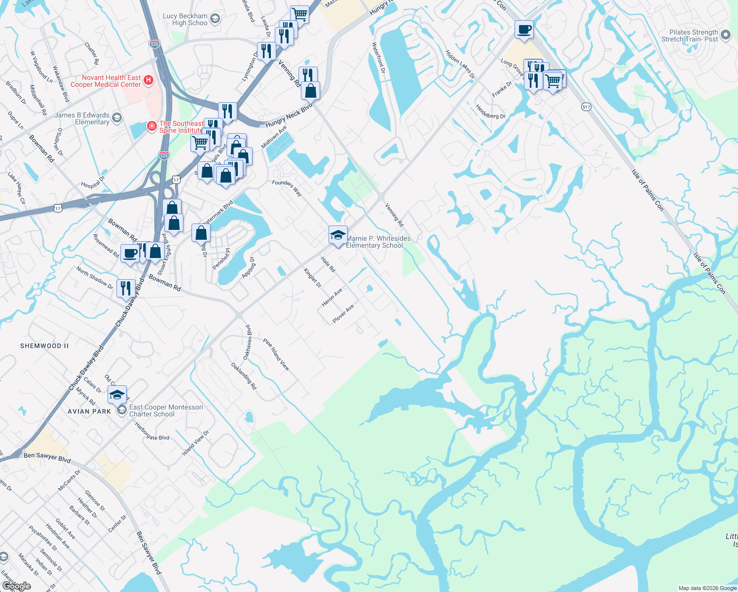 map of restaurants, bars, coffee shops, grocery stores, and more near 284 Indigo Bay Circle in Mount Pleasant