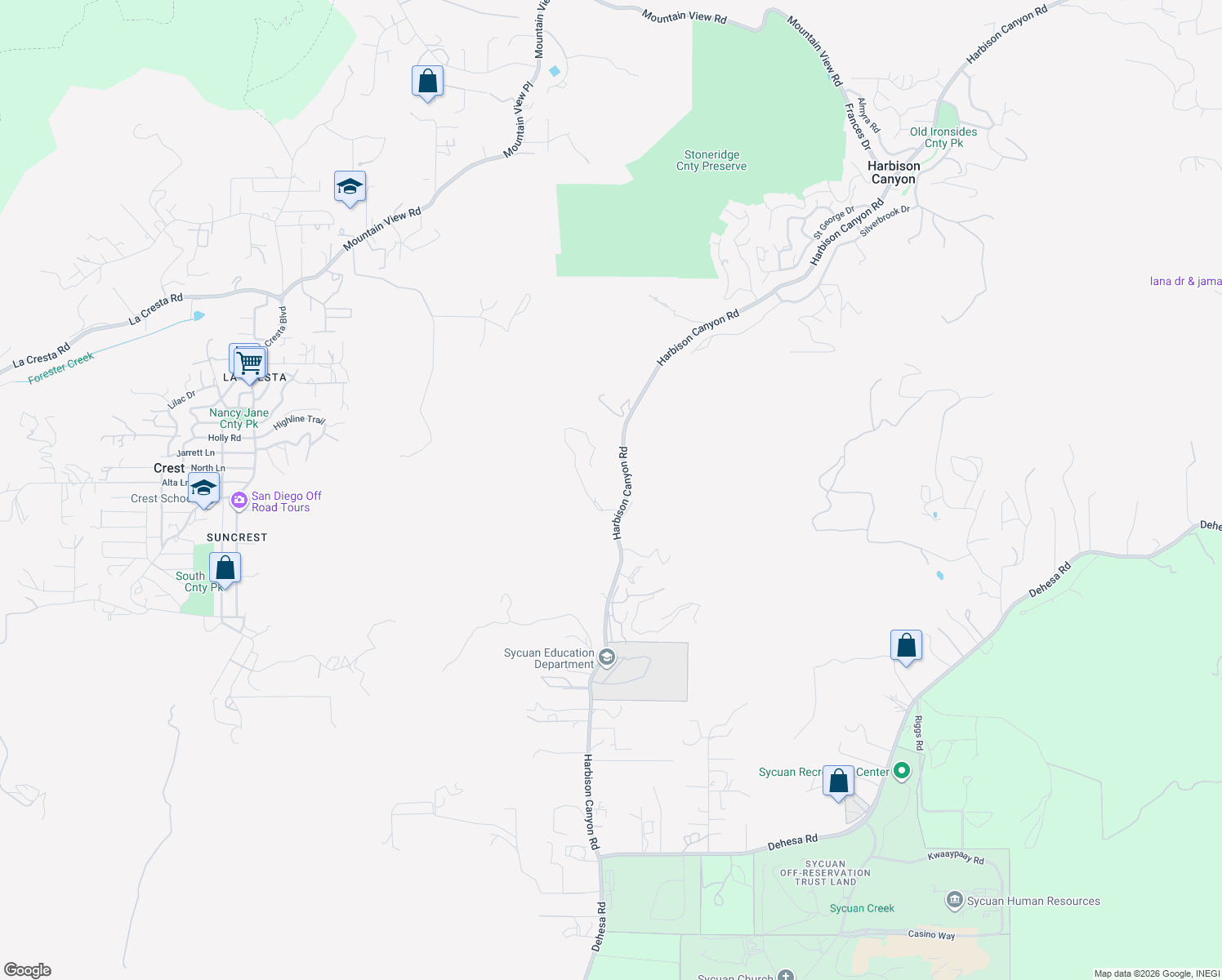 map of restaurants, bars, coffee shops, grocery stores, and more near 1400 Harbison Canyon Road in El Cajon
