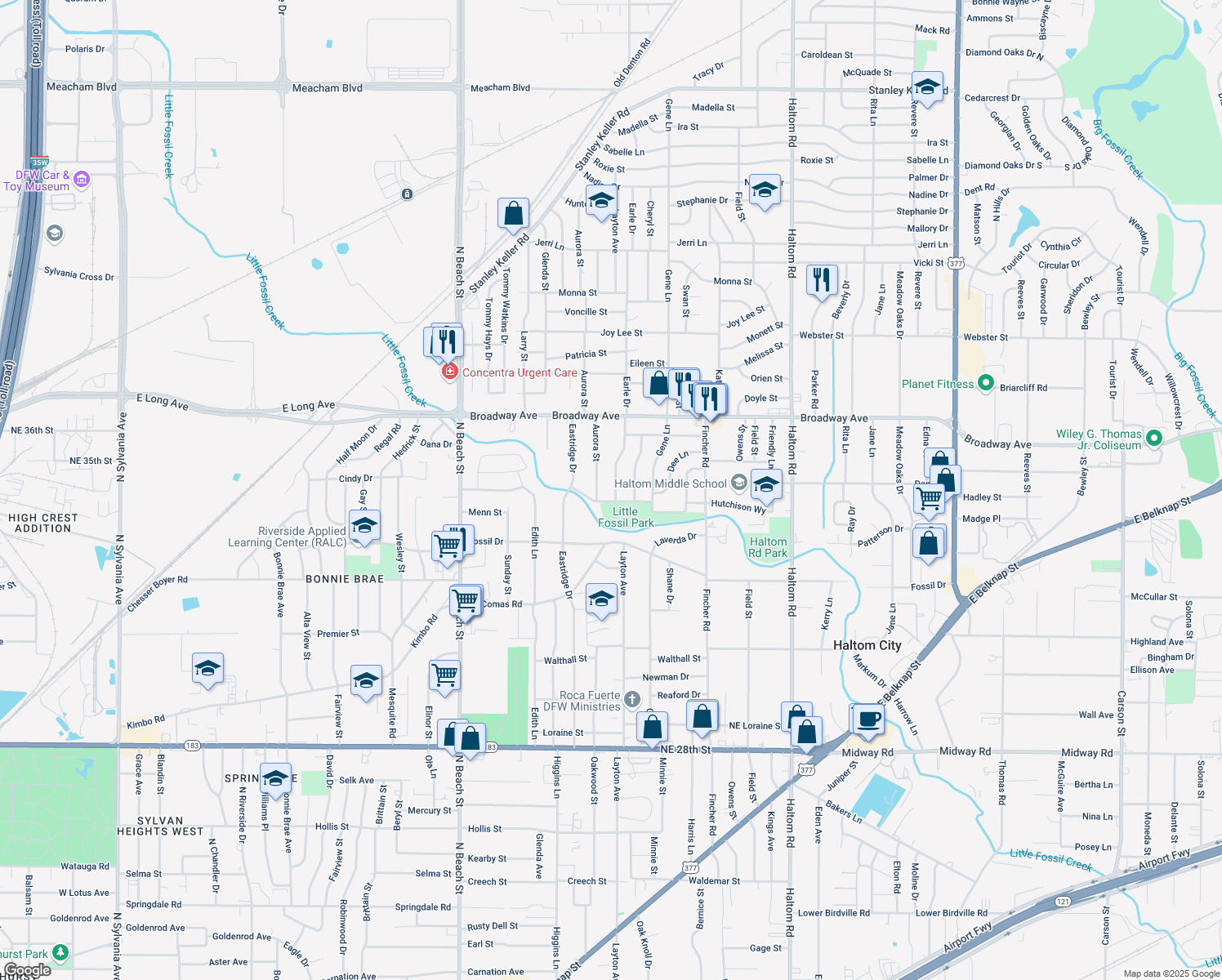 map of restaurants, bars, coffee shops, grocery stores, and more near 3209 Earle Drive in Fort Worth