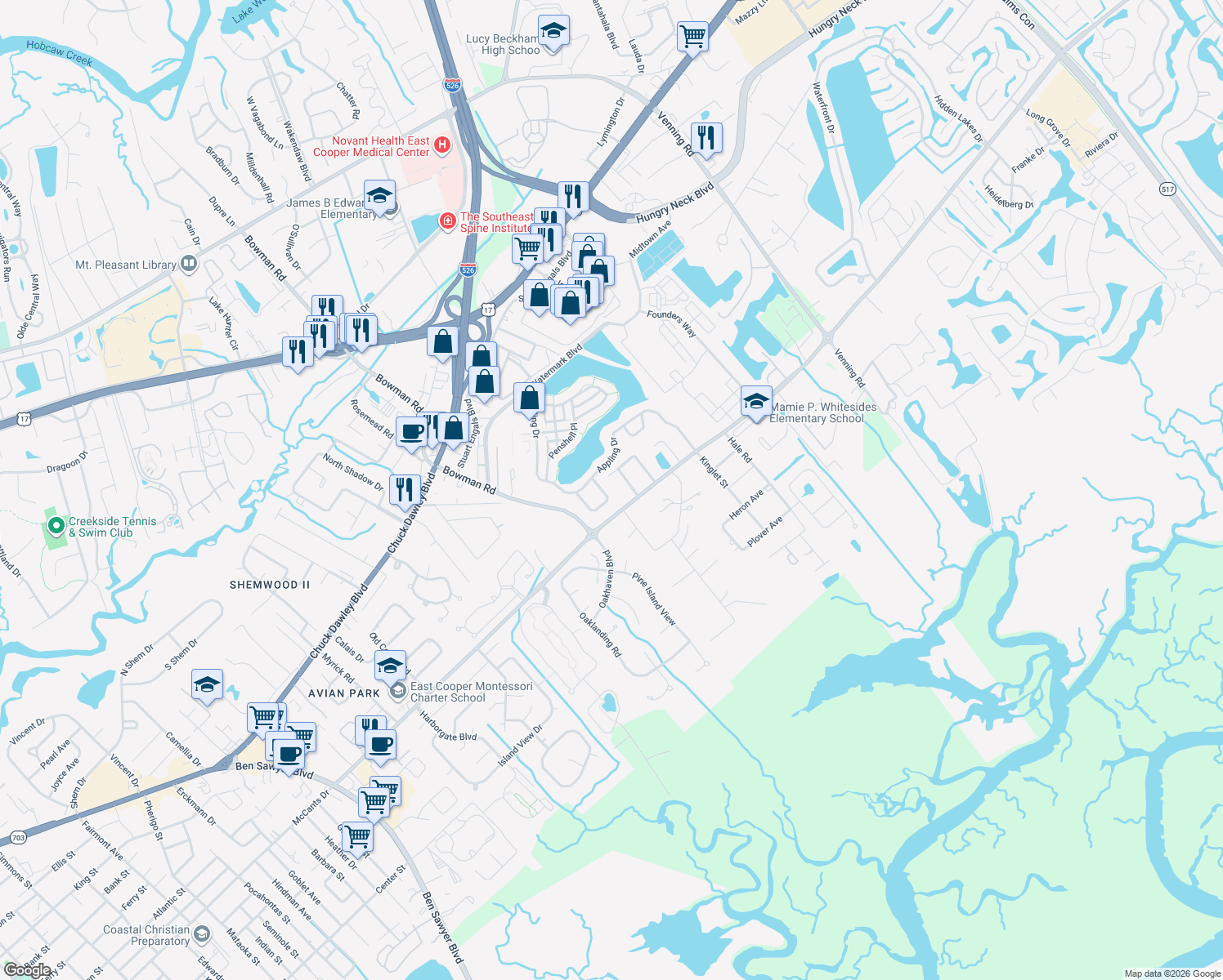 map of restaurants, bars, coffee shops, grocery stores, and more near 1356 Langford Road in Mount Pleasant