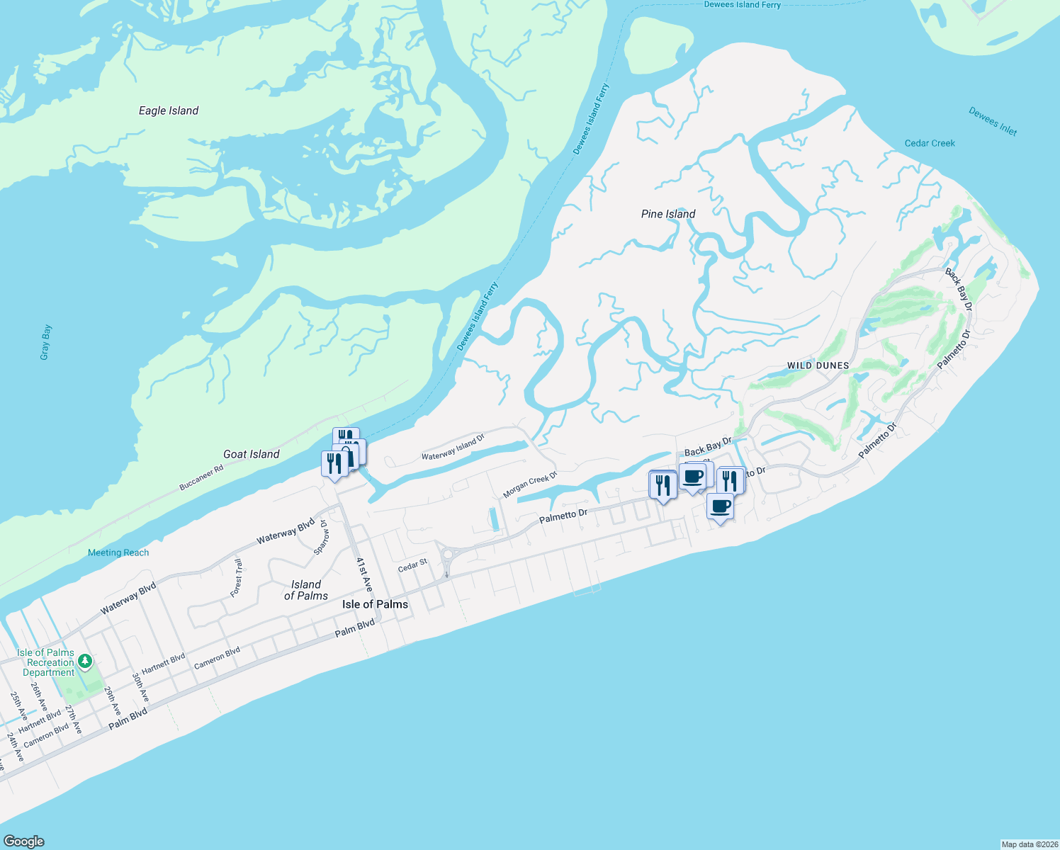 map of restaurants, bars, coffee shops, grocery stores, and more near 1 Waterway Island Dr in Isle of Palms