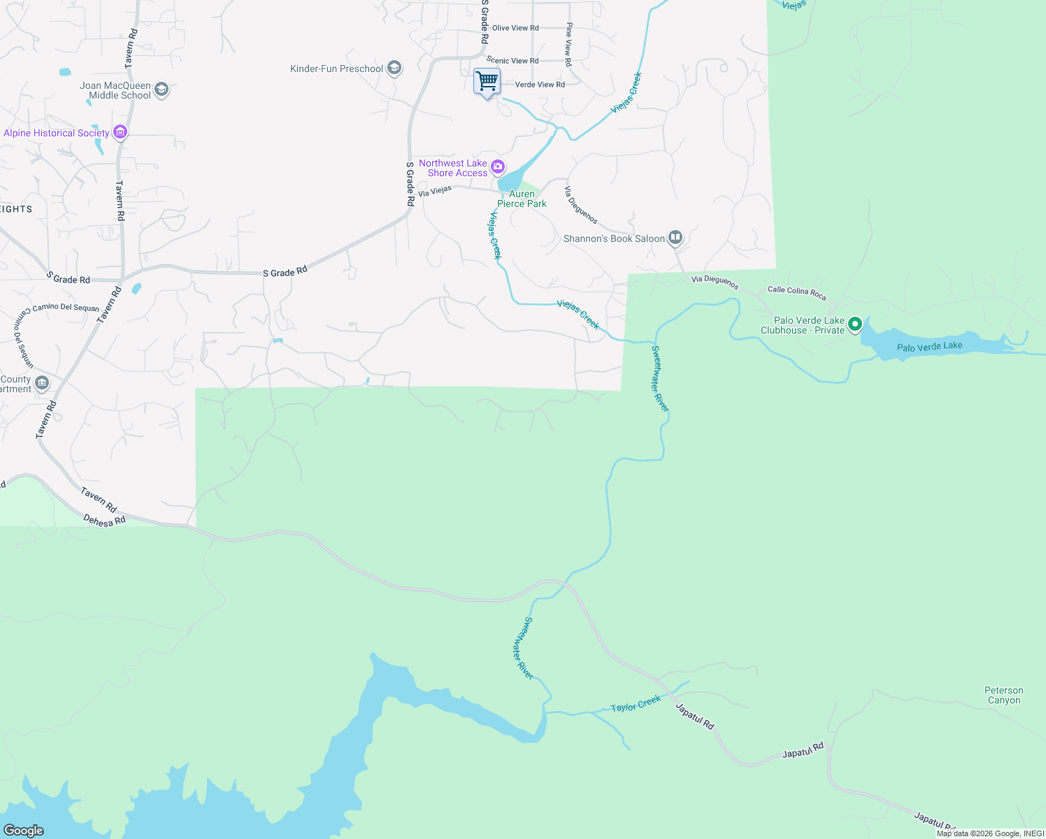 map of restaurants, bars, coffee shops, grocery stores, and more near 2850 Conestoga Court in Alpine
