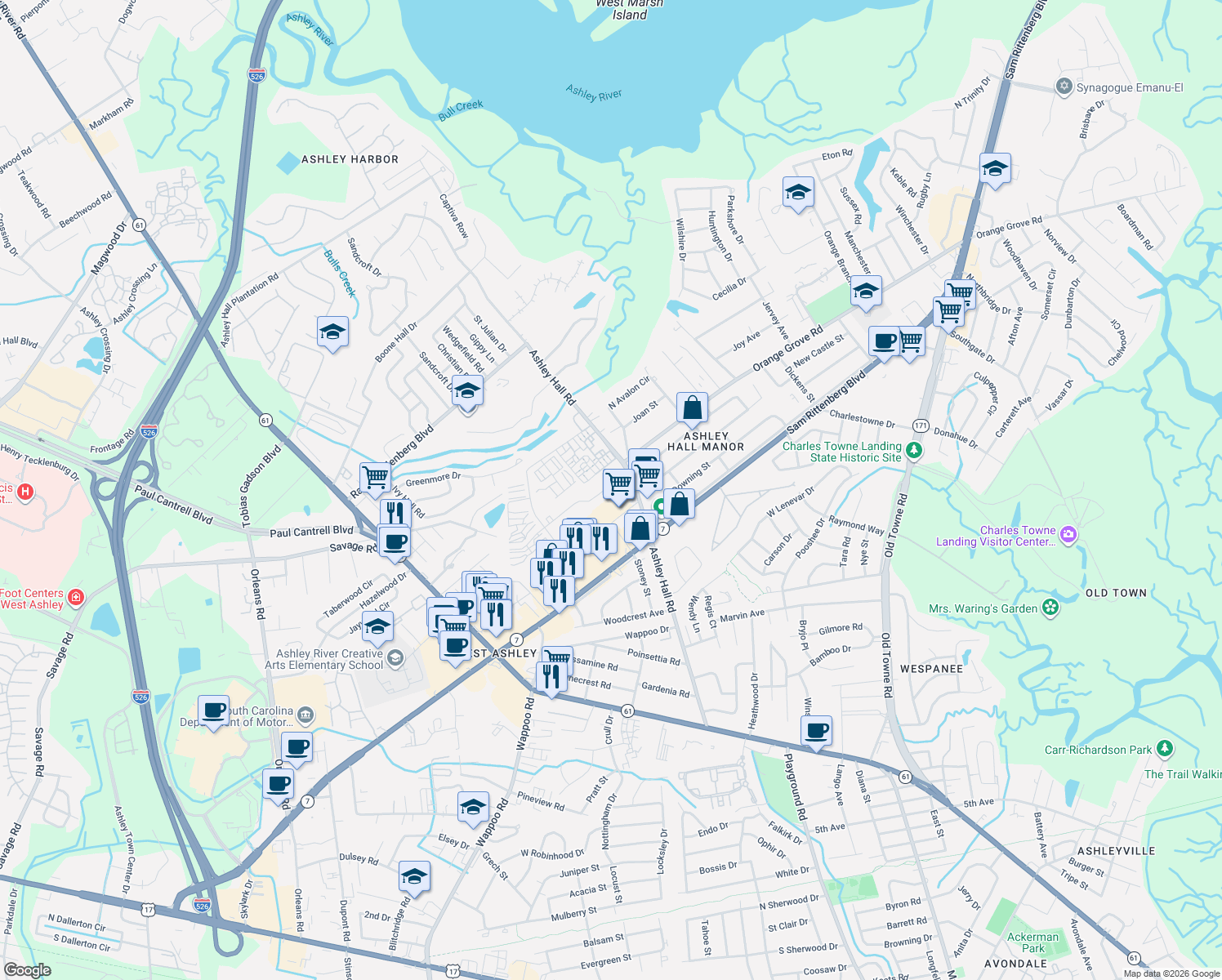 map of restaurants, bars, coffee shops, grocery stores, and more near 1721 Ashley Hall Road in Charleston