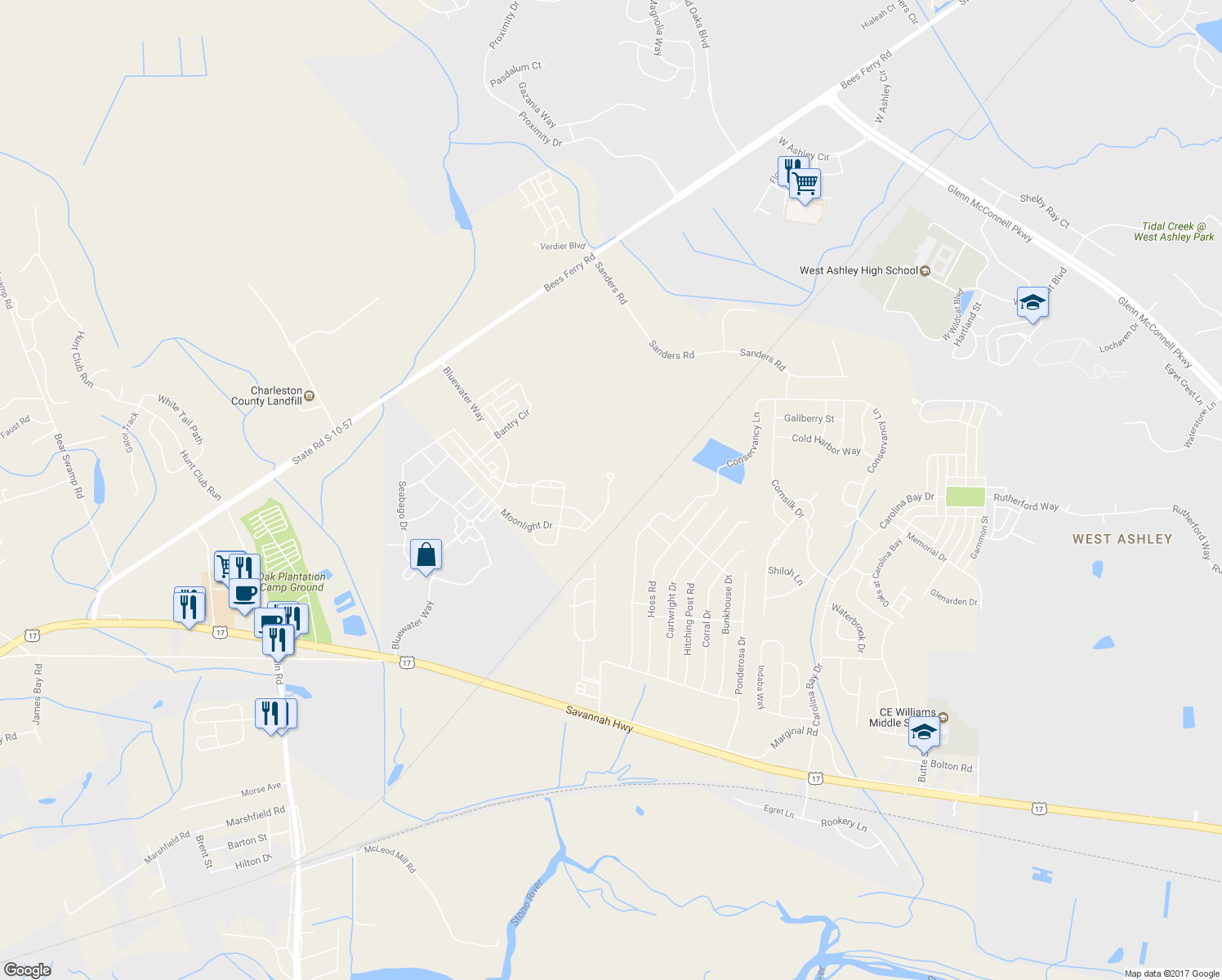map of restaurants, bars, coffee shops, grocery stores, and more near 3227 Moonlight Drive in Charleston