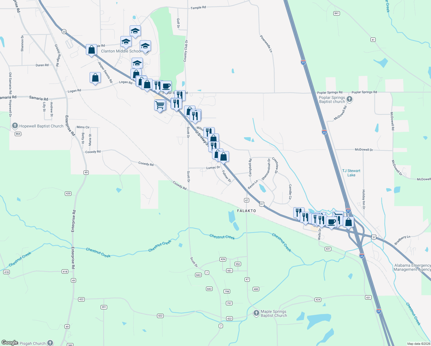 map of restaurants, bars, coffee shops, grocery stores, and more near 120 Shade Tree Dr in Clanton