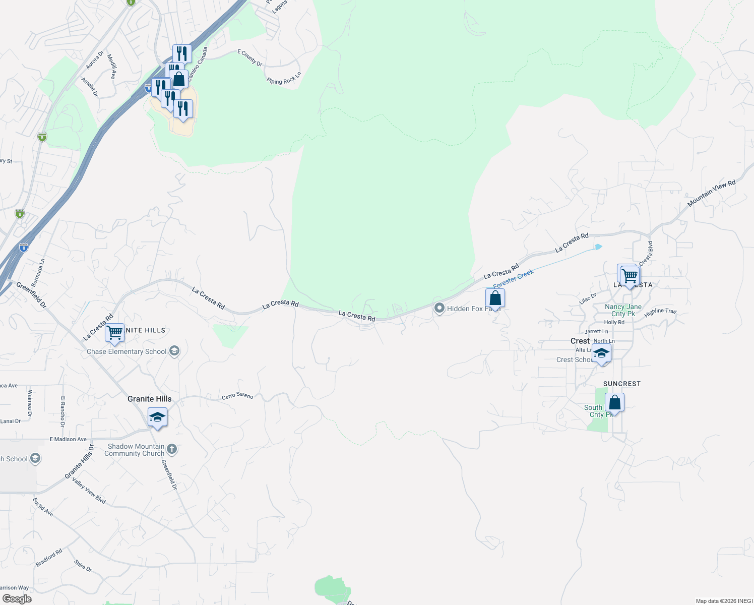 map of restaurants, bars, coffee shops, grocery stores, and more near 2826 La Cresta Road in El Cajon
