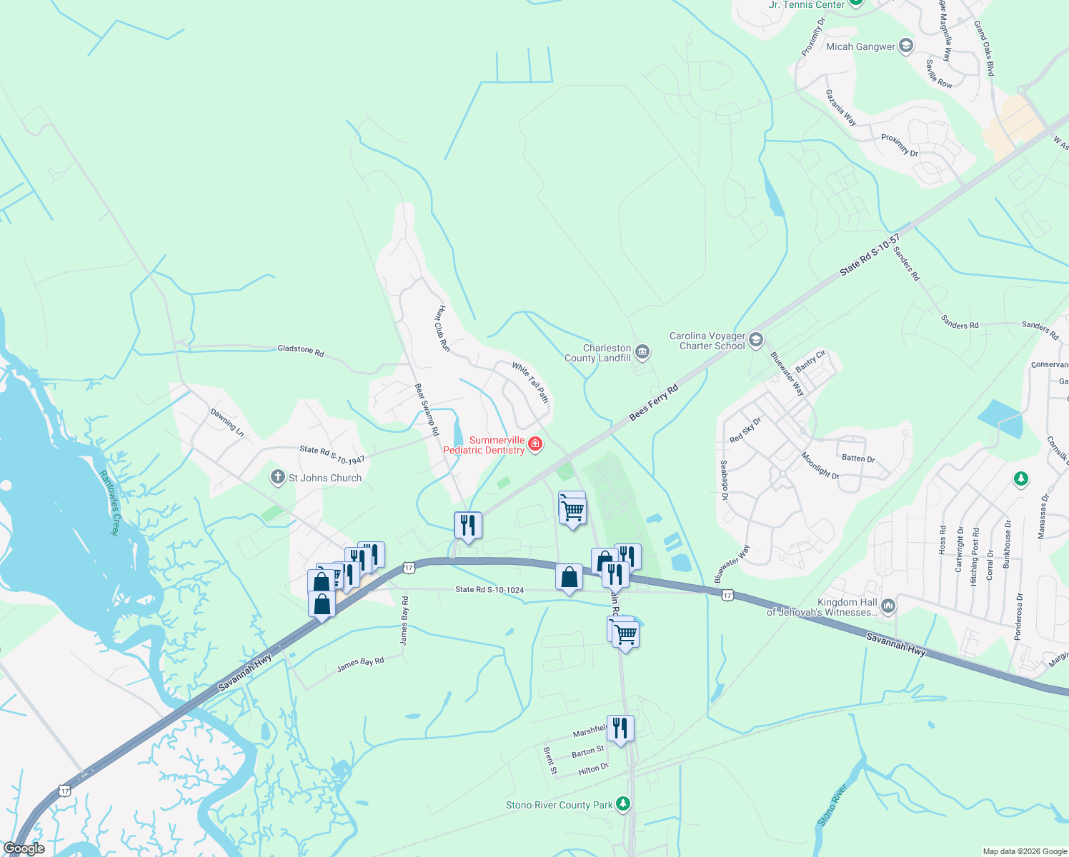 map of restaurants, bars, coffee shops, grocery stores, and more near 1191 Quick Rabbit Loop in Charleston