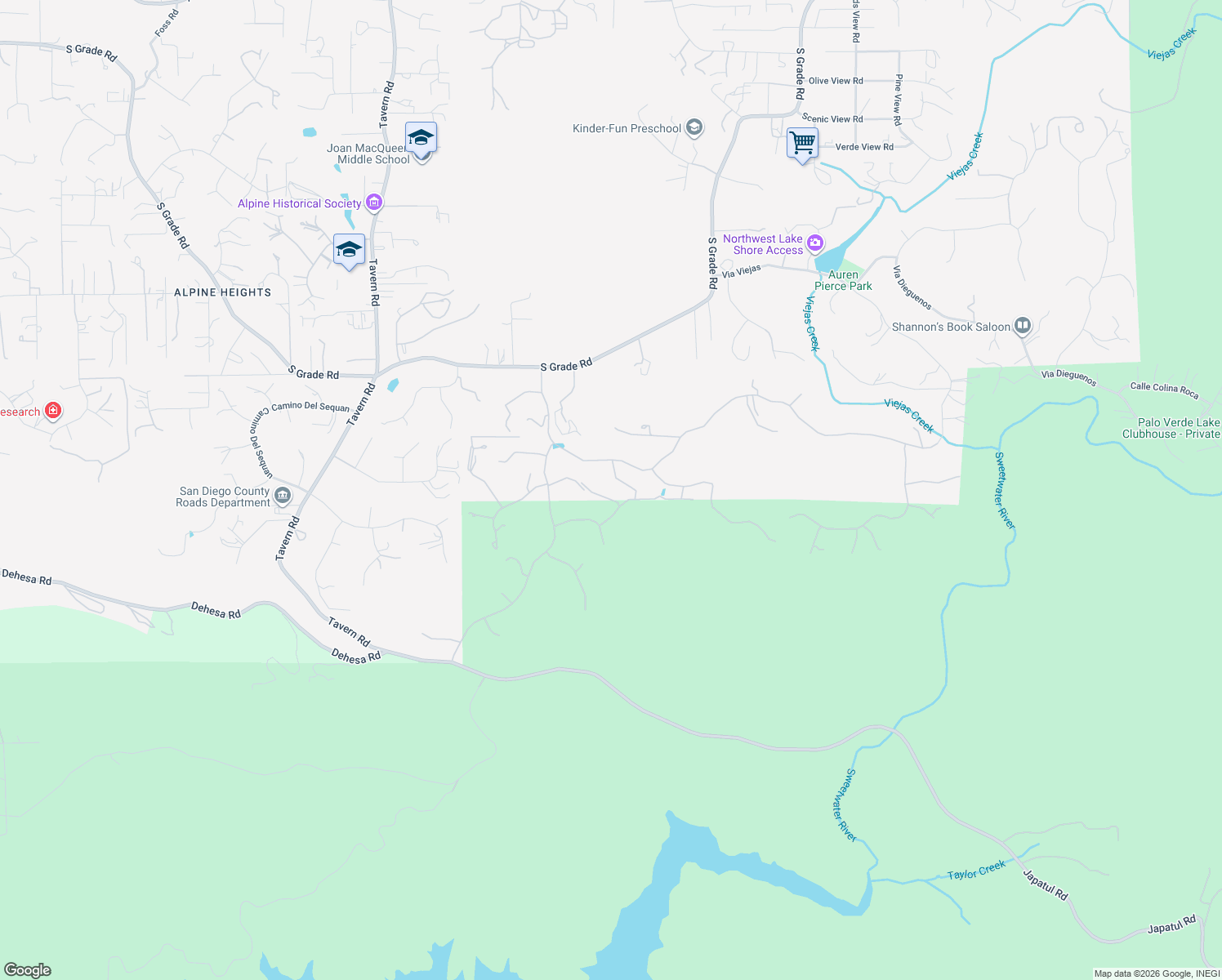 map of restaurants, bars, coffee shops, grocery stores, and more near 2752 Via Viejas Oeste in Alpine