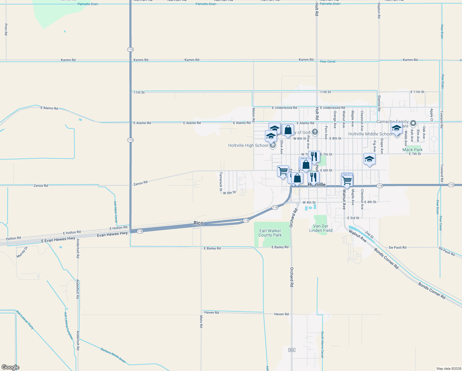 map of restaurants, bars, coffee shops, grocery stores, and more near 504 Palo Verde St in Holtville