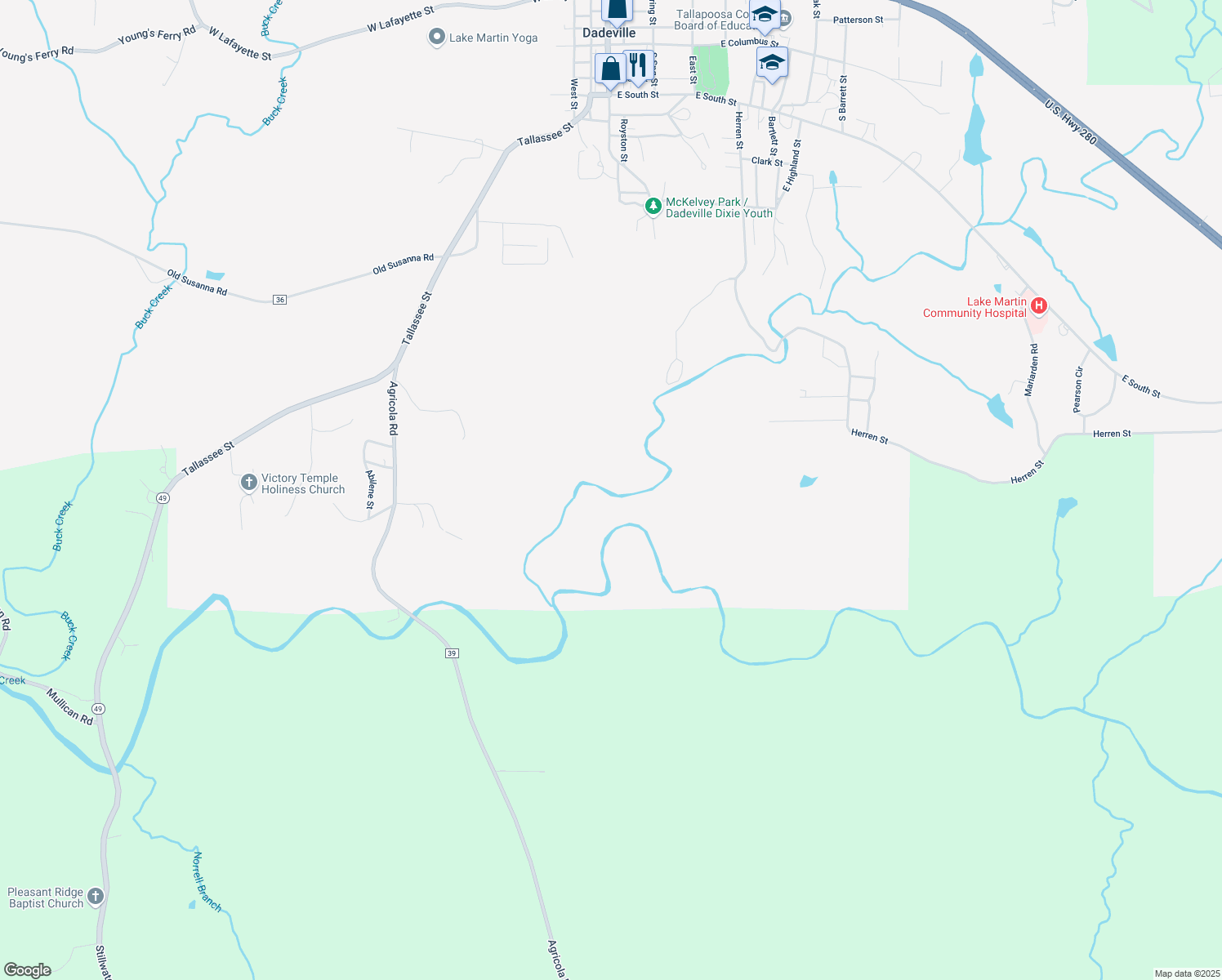 map of restaurants, bars, coffee shops, grocery stores, and more near 314-322 Industrial Park Drive in Dadeville