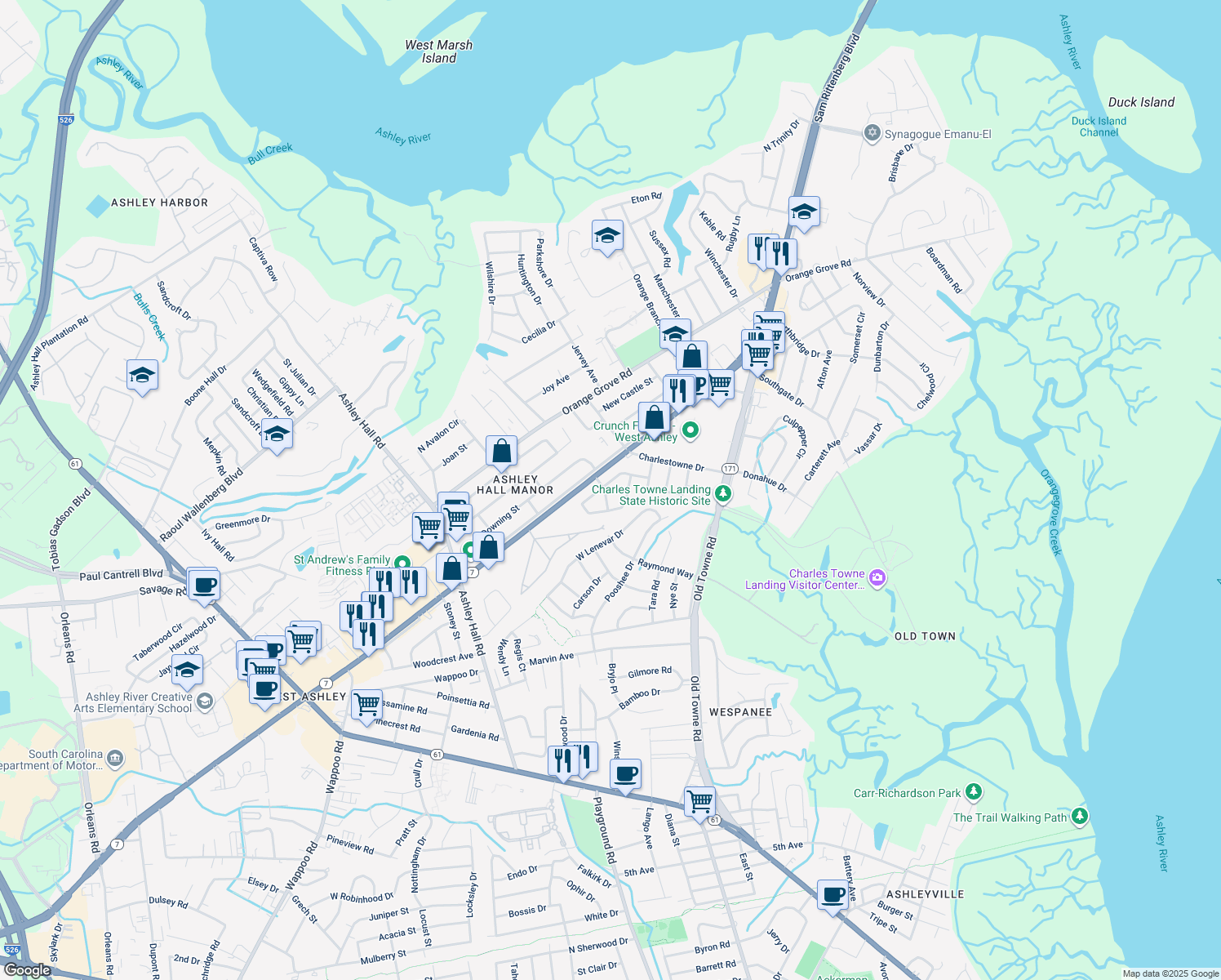 map of restaurants, bars, coffee shops, grocery stores, and more near 1590 Spencer Street in Charleston