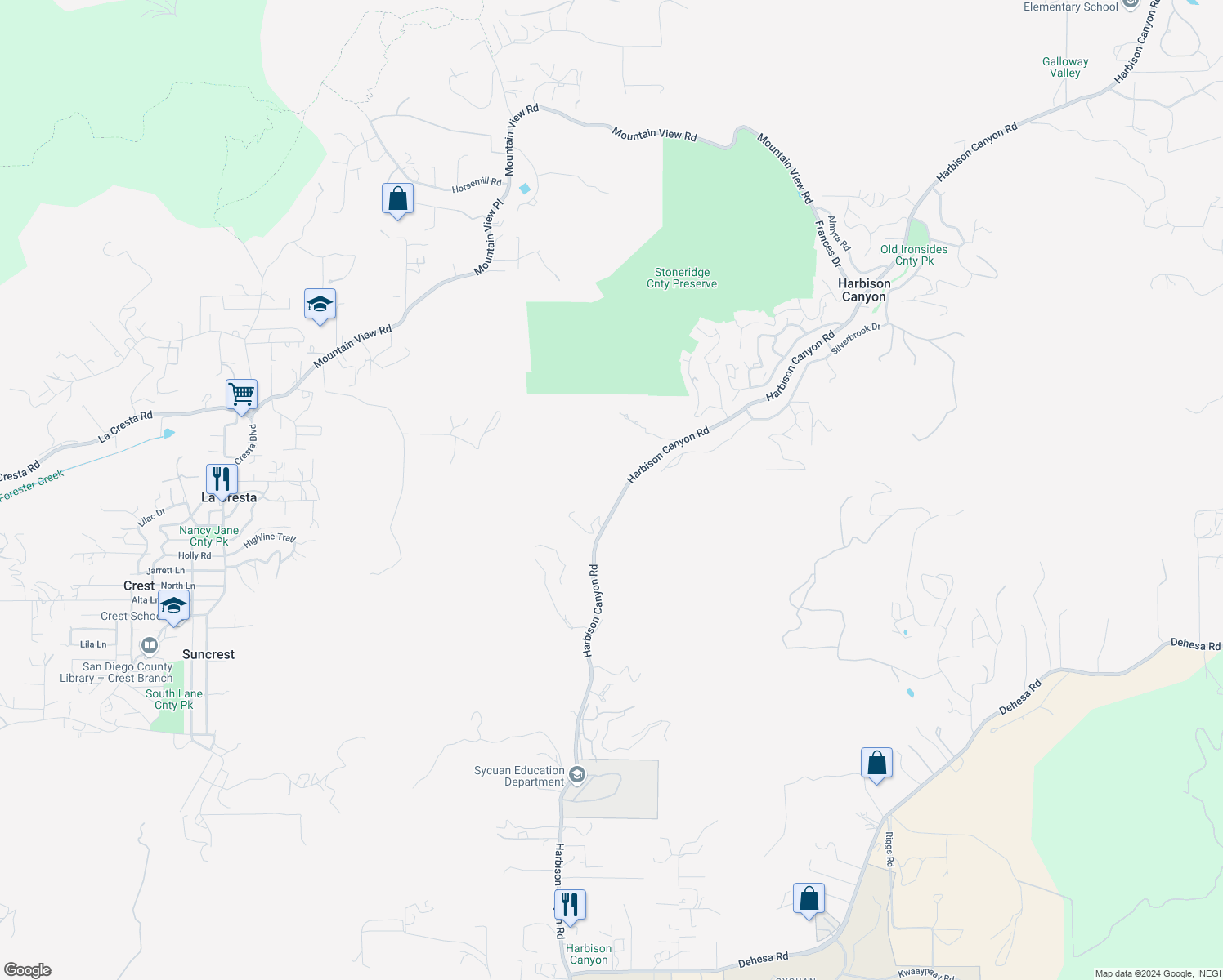 map of restaurants, bars, coffee shops, grocery stores, and more near 1186 Harbison Canyon Road in El Cajon