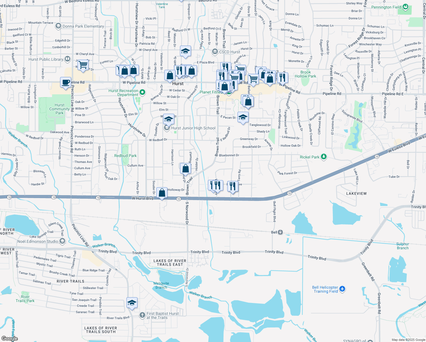 map of restaurants, bars, coffee shops, grocery stores, and more near 225 Wanda Way in Hurst
