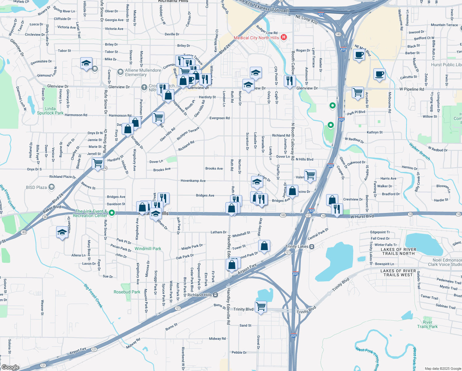 map of restaurants, bars, coffee shops, grocery stores, and more near 3413 Ruth Rd in Richland Hills