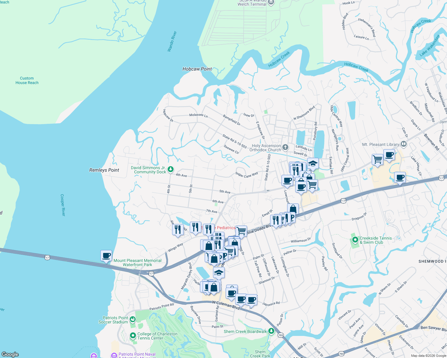 map of restaurants, bars, coffee shops, grocery stores, and more near 357 Sugar Cane Way in Mount Pleasant