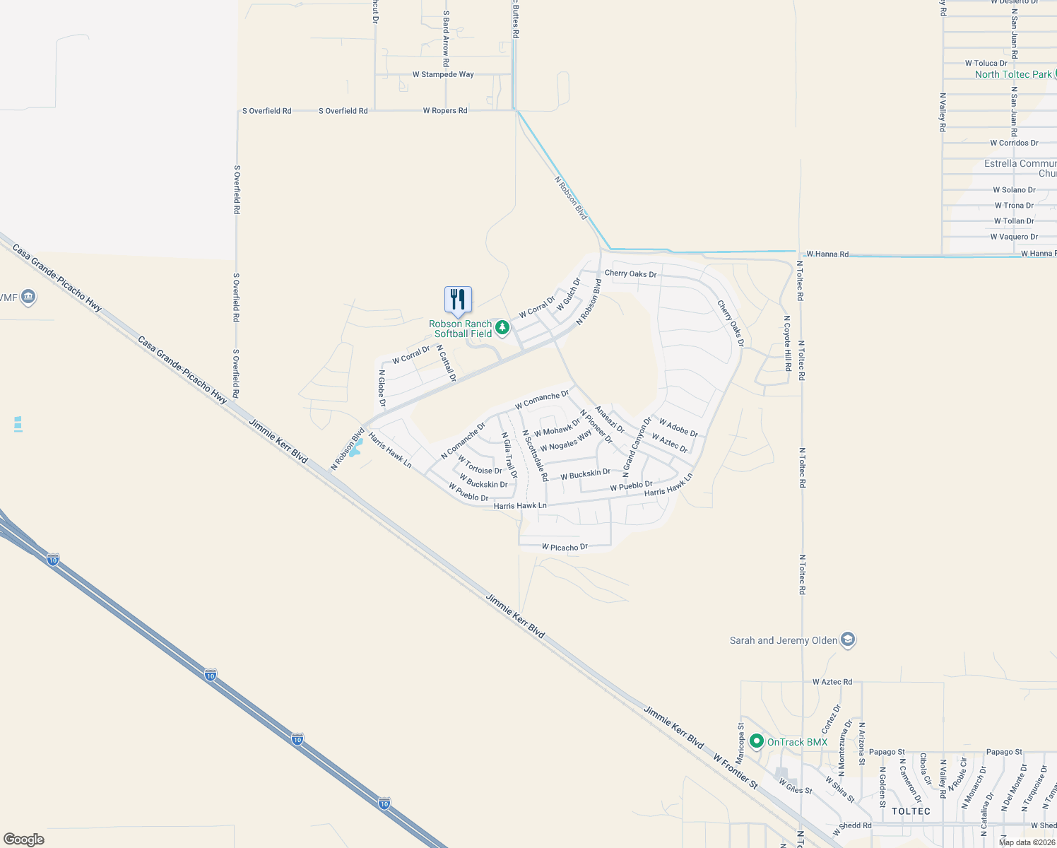 map of restaurants, bars, coffee shops, grocery stores, and more near 5395 N Scottsdale Rd in Eloy