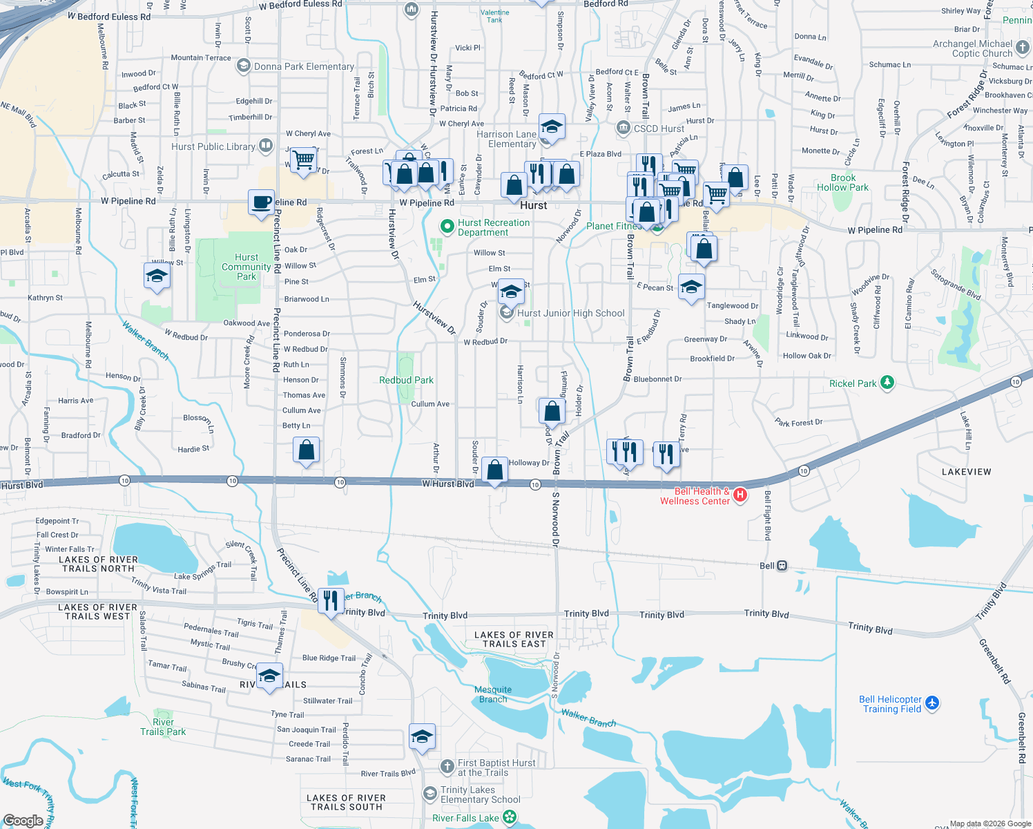 map of restaurants, bars, coffee shops, grocery stores, and more near 225 Harrison Ln in Hurst