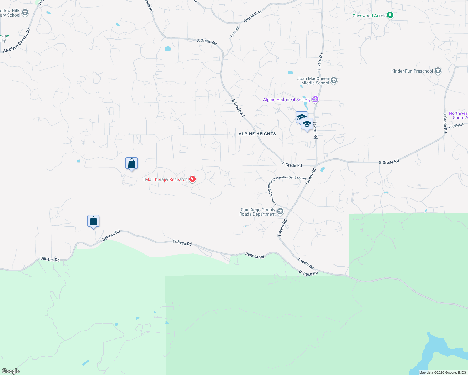 map of restaurants, bars, coffee shops, grocery stores, and more near 1106 Alpine Oaks Drive in Alpine