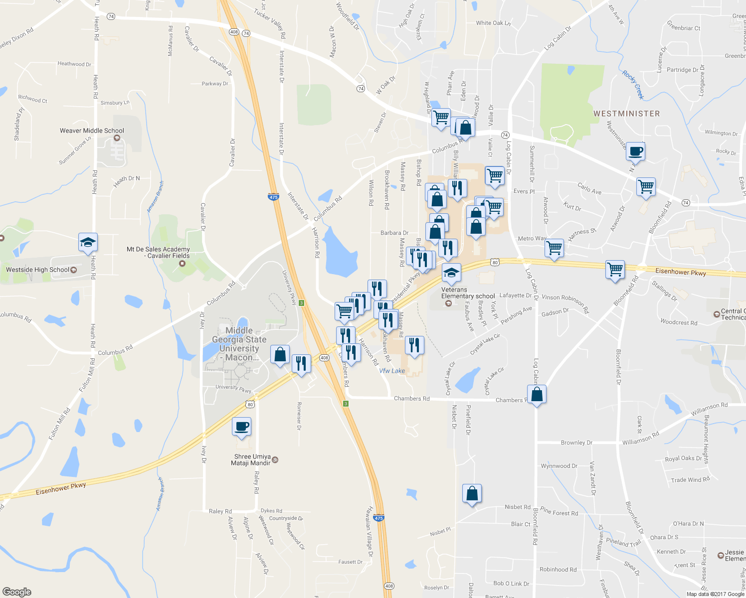 map of restaurants, bars, coffee shops, grocery stores, and more near 4733 Carlton Drive in Macon