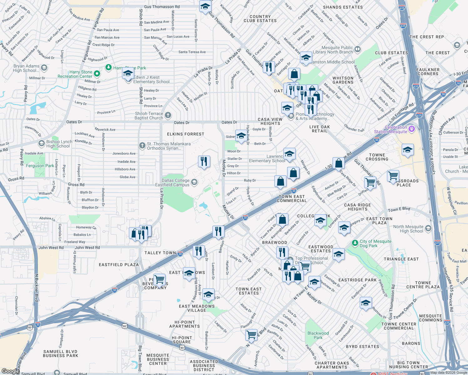 map of restaurants, bars, coffee shops, grocery stores, and more near 3701 Sheryl Drive in Mesquite