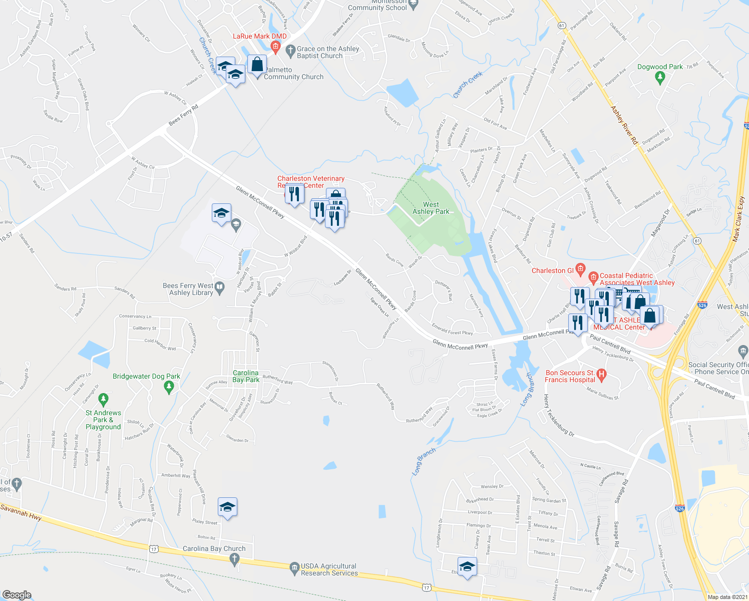map of restaurants, bars, coffee shops, grocery stores, and more near 2521 Egret Crest Lane in Charleston