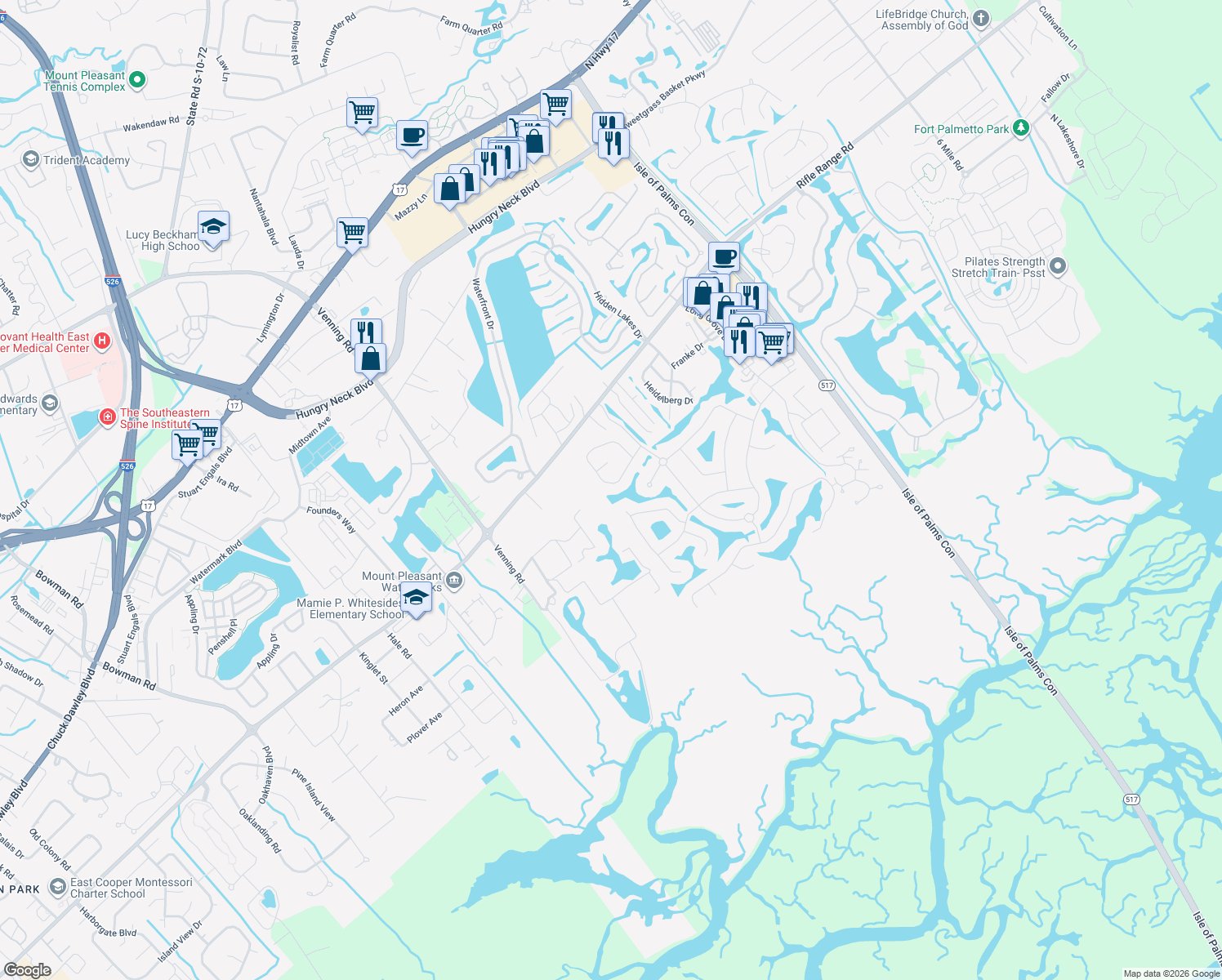 map of restaurants, bars, coffee shops, grocery stores, and more near 1244 Wild Olive Drive in Mount Pleasant