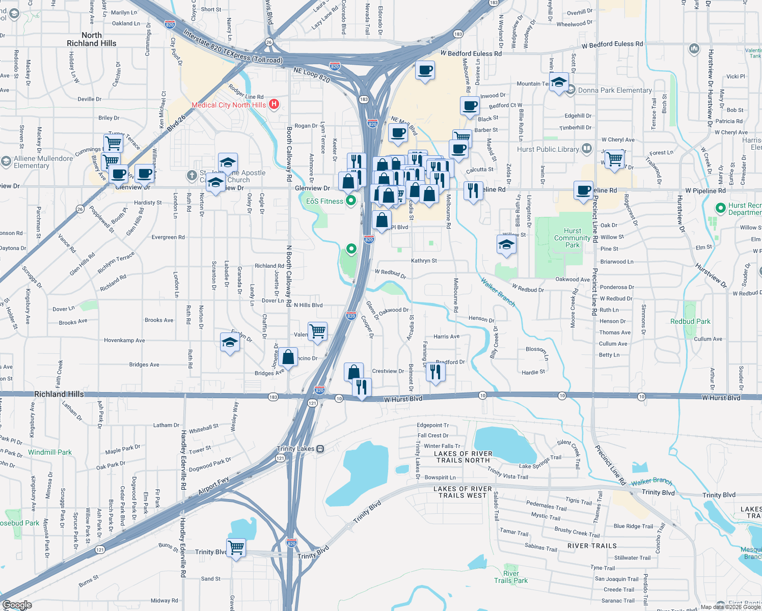 map of restaurants, bars, coffee shops, grocery stores, and more near 405 Sheppard Court in Hurst
