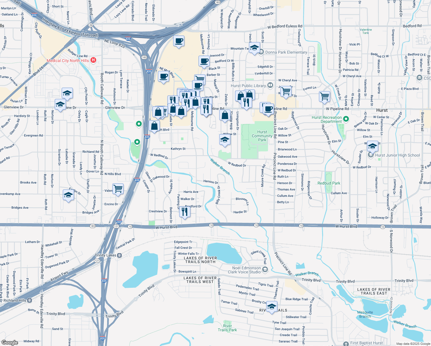 map of restaurants, bars, coffee shops, grocery stores, and more near 432 Billy Creek Cir in Hurst