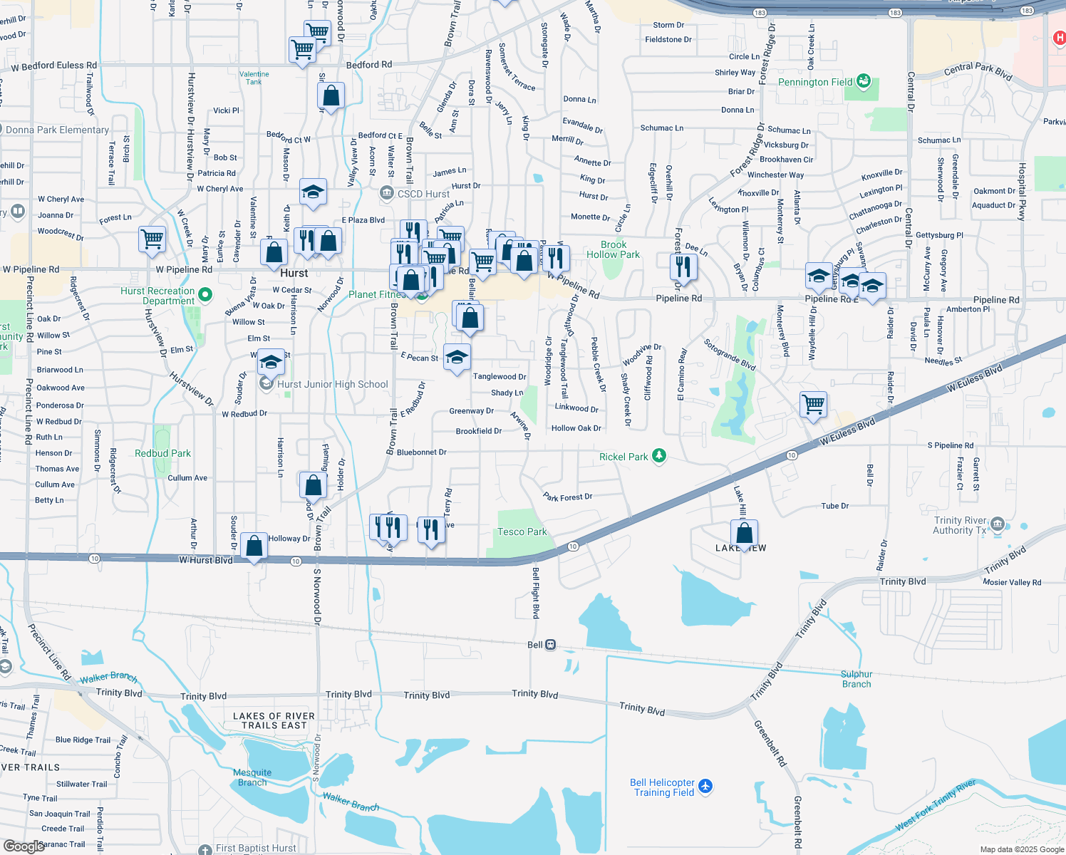 map of restaurants, bars, coffee shops, grocery stores, and more near 448 Arwine Drive in Hurst