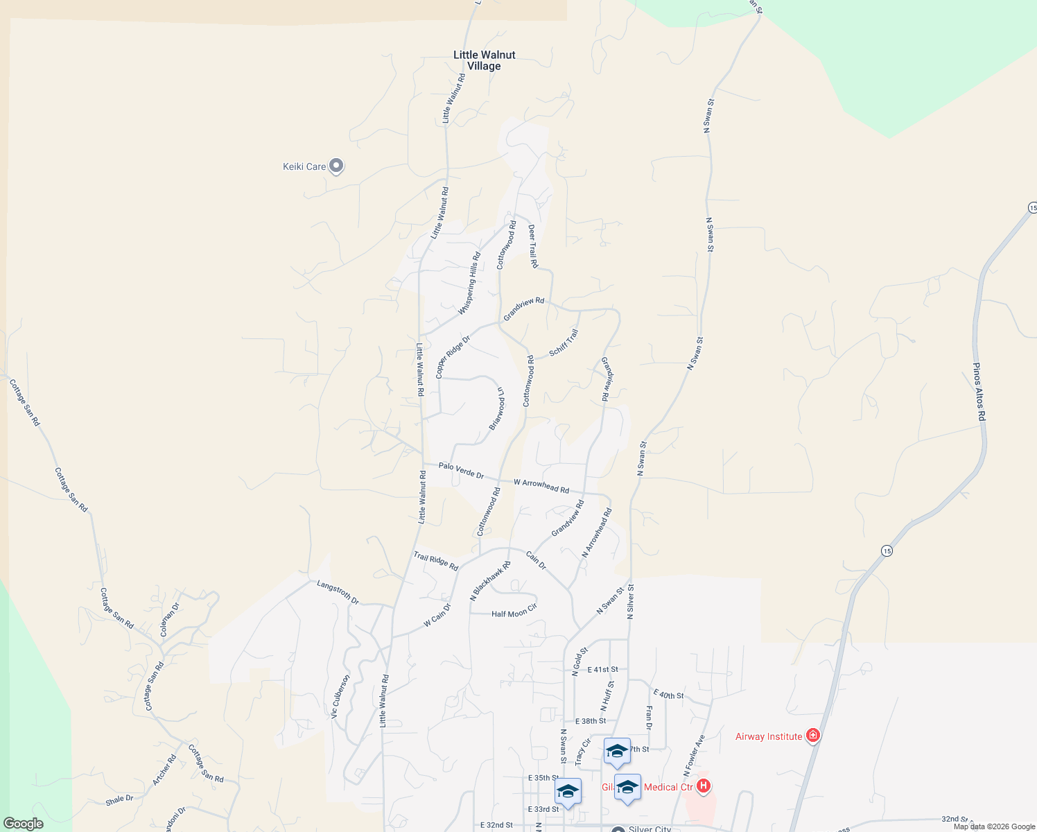 map of restaurants, bars, coffee shops, grocery stores, and more near 3 Briarwood Ln in Silver City