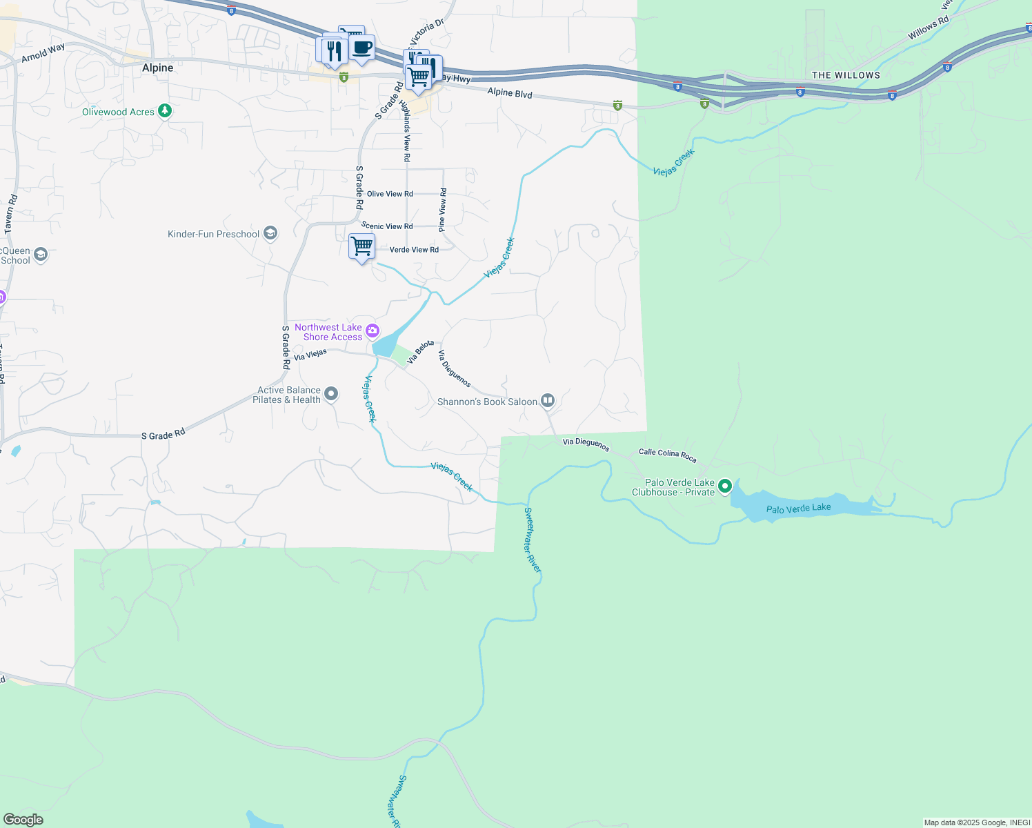 map of restaurants, bars, coffee shops, grocery stores, and more near 2444 Via Dieguenos in Alpine