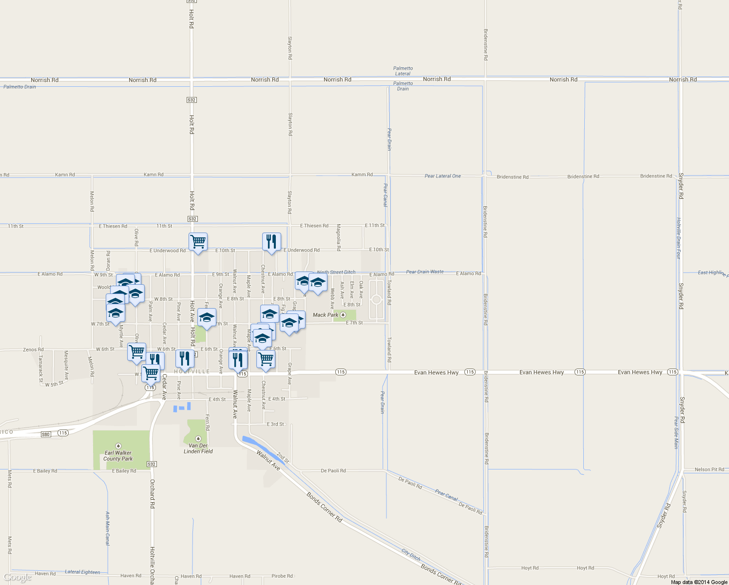 map of restaurants, bars, coffee shops, grocery stores, and more near 844 Oak Ave in Holtville