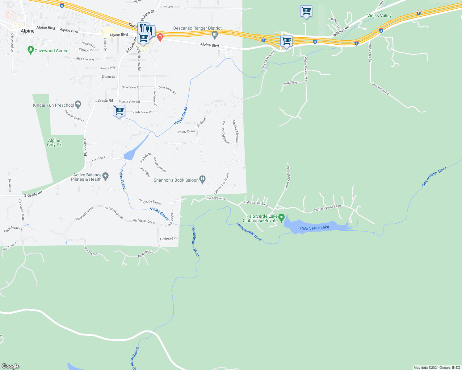 map of restaurants, bars, coffee shops, grocery stores, and more near Calle Mia in Alpine