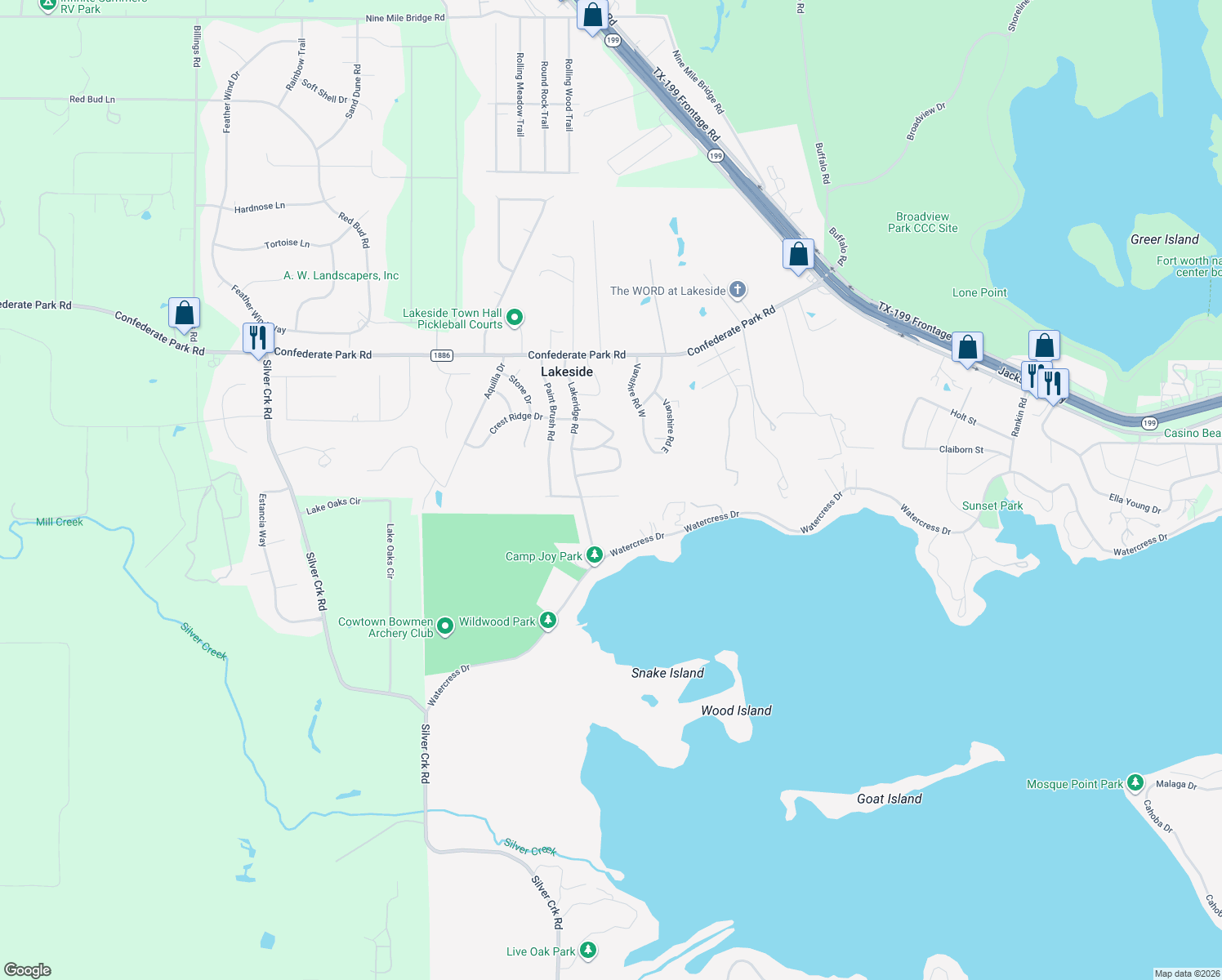 map of restaurants, bars, coffee shops, grocery stores, and more near 506 Emily Drive in Lakeside