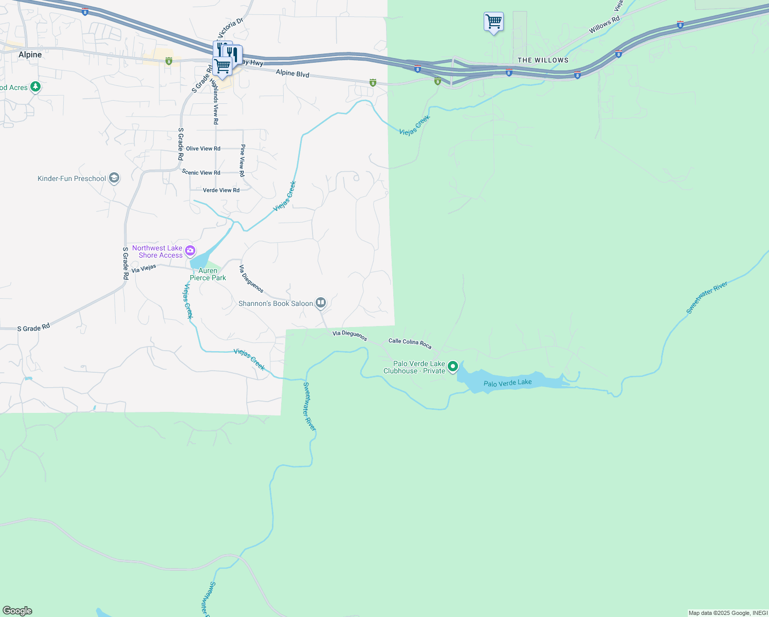 map of restaurants, bars, coffee shops, grocery stores, and more near Calle Mia in Alpine