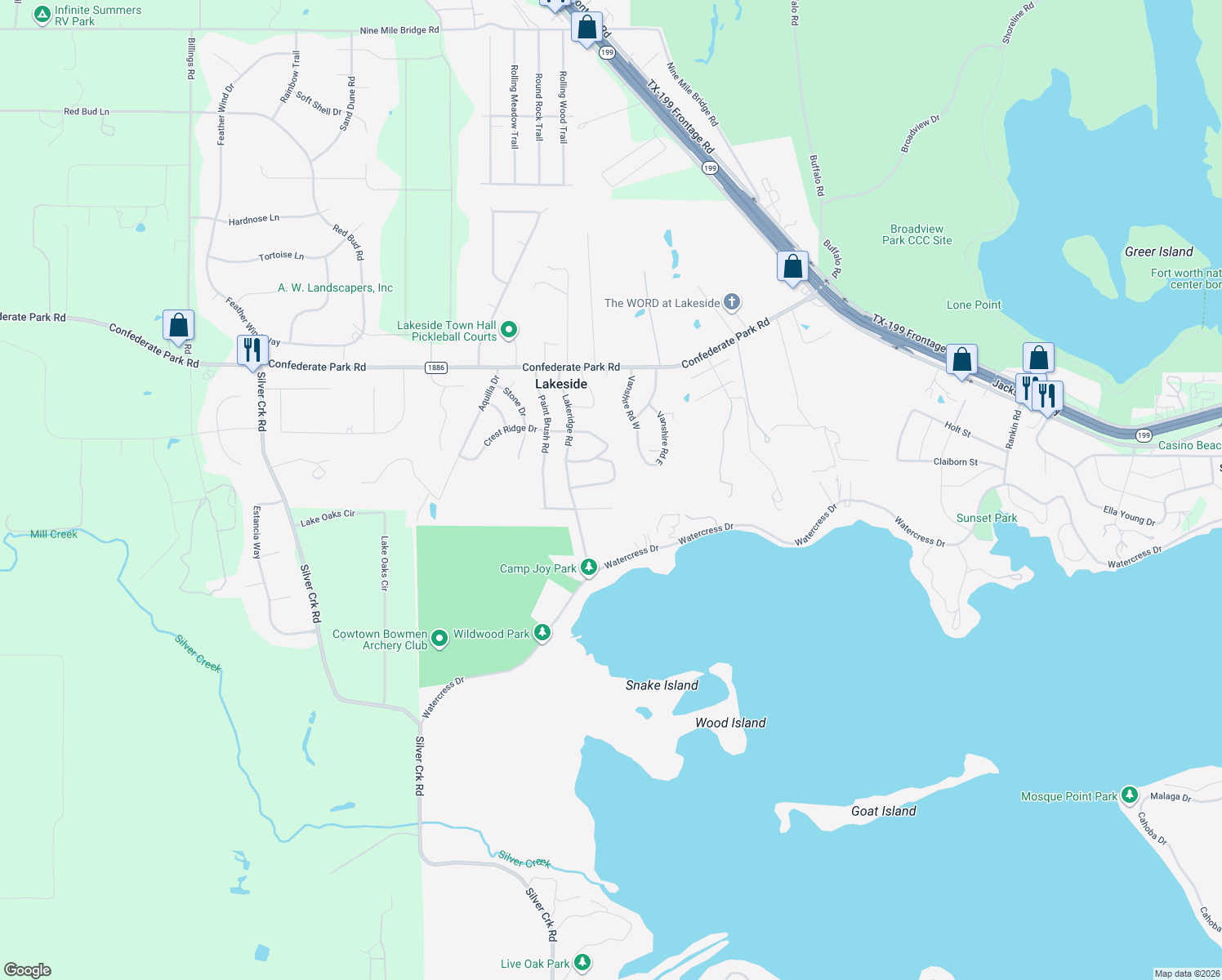 map of restaurants, bars, coffee shops, grocery stores, and more near 506 Emily Drive in Lakeside