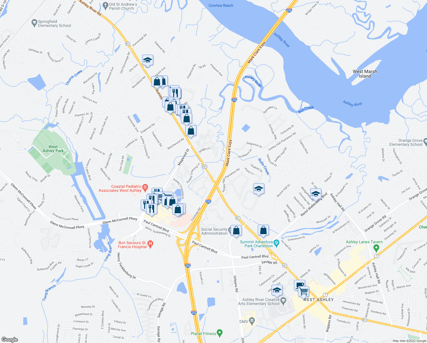 map of restaurants, bars, coffee shops, grocery stores, and more near 2222 Ashley River Road in Charleston