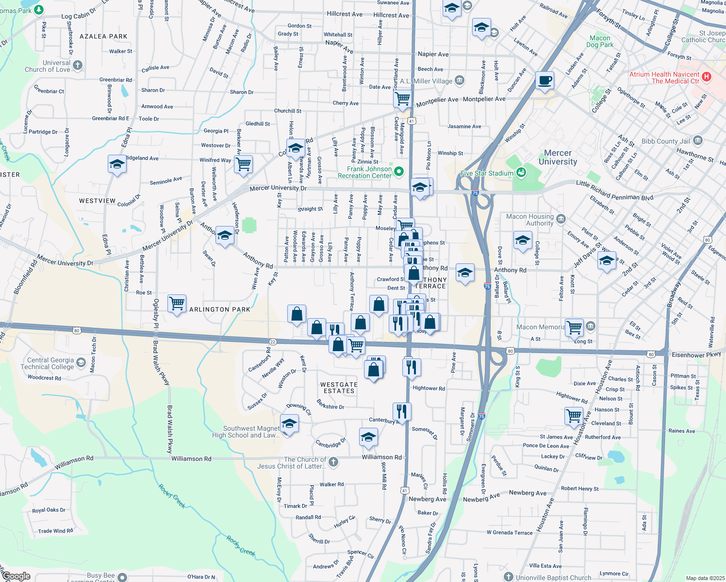 map of restaurants, bars, coffee shops, grocery stores, and more near 2313 Lowe St in Macon