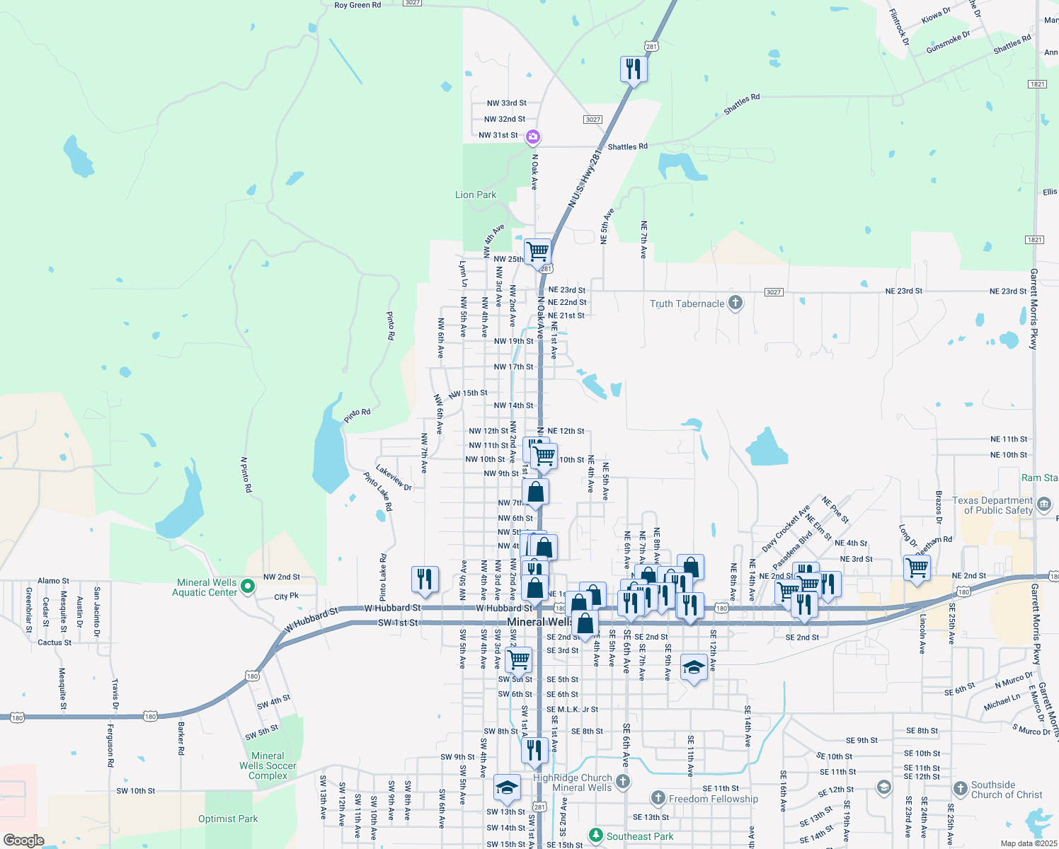 map of restaurants, bars, coffee shops, grocery stores, and more near 1314 Northwest 1st Avenue in Mineral Wells