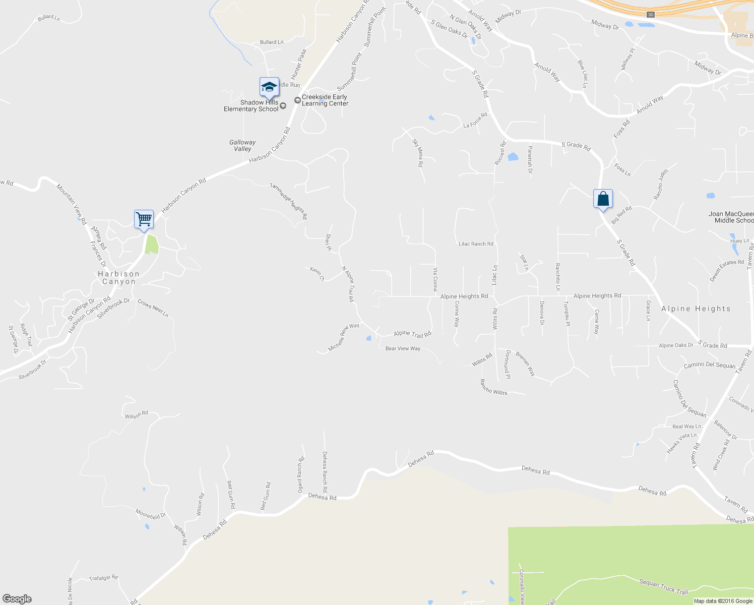map of restaurants, bars, coffee shops, grocery stores, and more near 325 Alpine Heights Road in Alpine