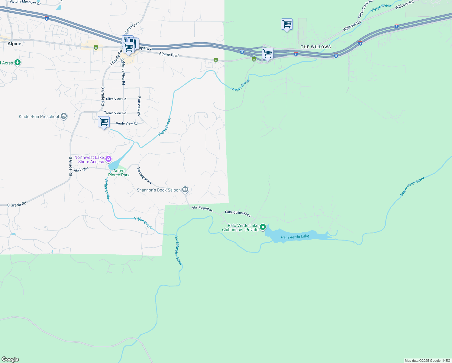 map of restaurants, bars, coffee shops, grocery stores, and more near 3404 Camino Chelsea in Alpine