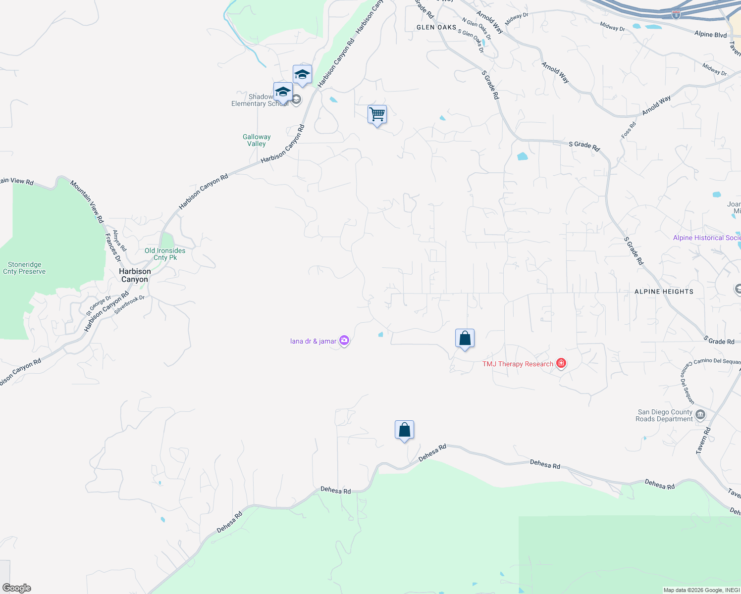 map of restaurants, bars, coffee shops, grocery stores, and more near 302 Alpine Trail Road in Alpine