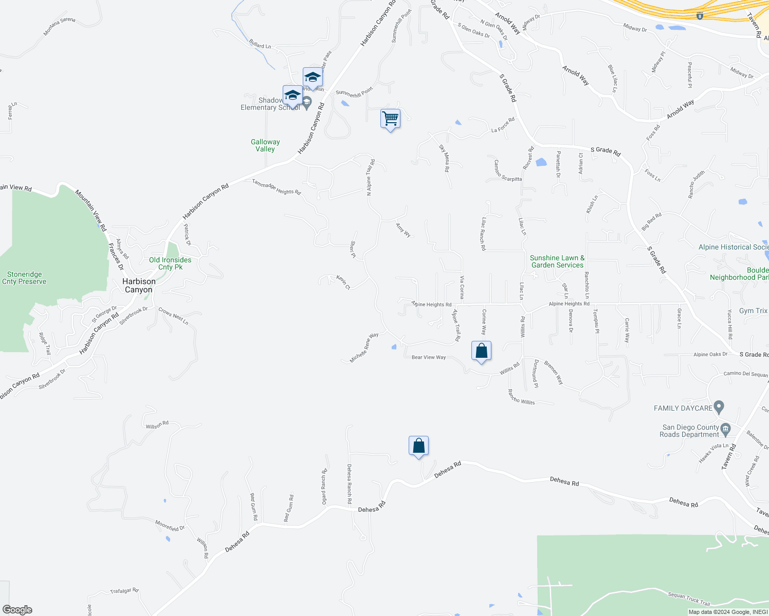 map of restaurants, bars, coffee shops, grocery stores, and more near 302 Alpine Trail Road in Alpine