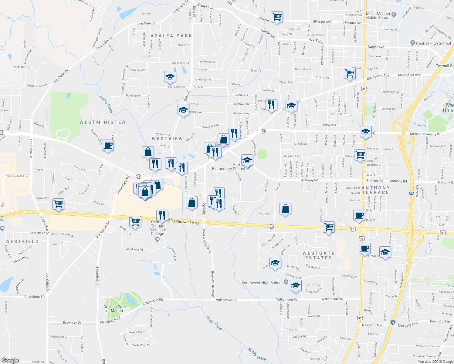 map of restaurants, bars, coffee shops, grocery stores, and more near 1794 Eveline Avenue in Macon