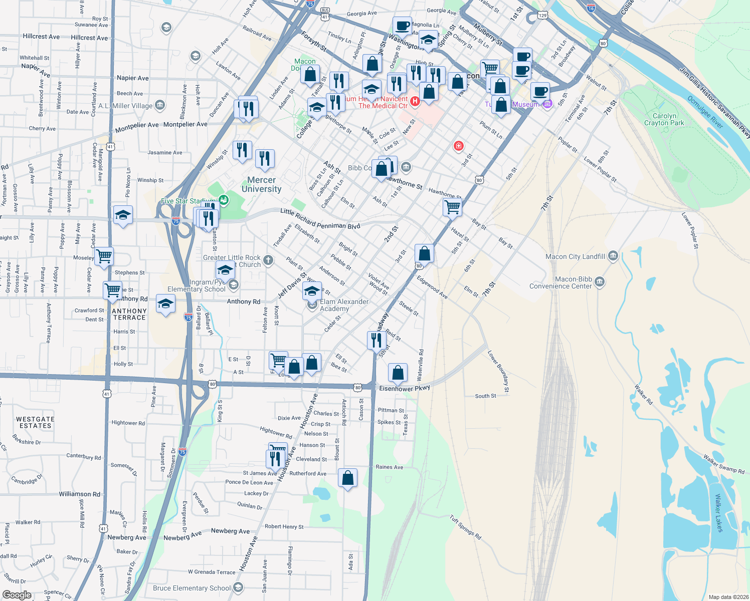 map of restaurants, bars, coffee shops, grocery stores, and more near 473 Giles St in Macon