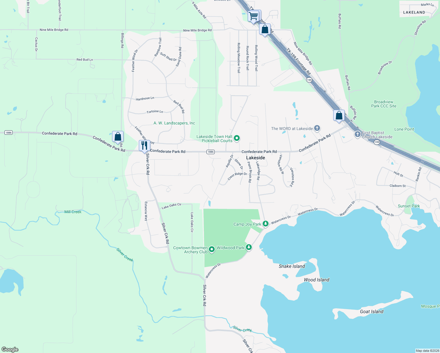 map of restaurants, bars, coffee shops, grocery stores, and more near 232 Aquilla Drive in Lakeside