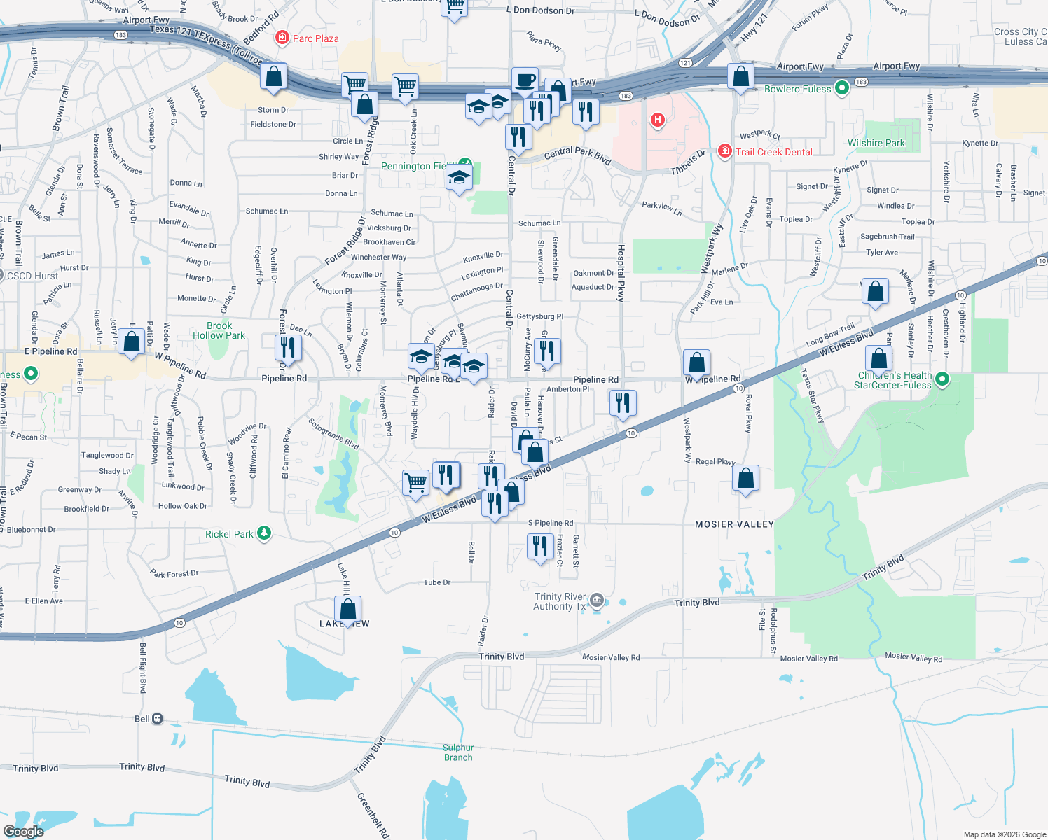 map of restaurants, bars, coffee shops, grocery stores, and more near 1206 Paula Lane in Euless