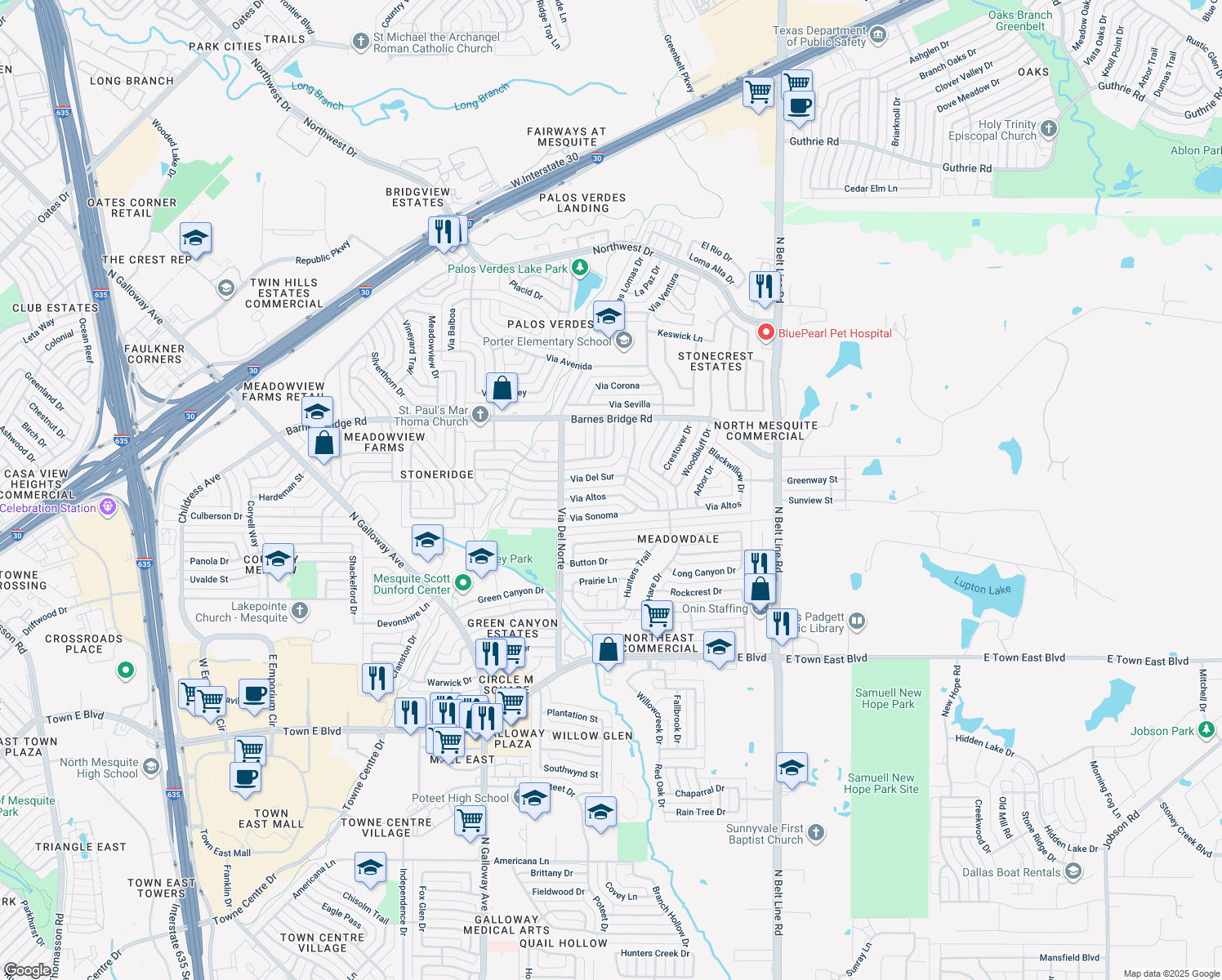 map of restaurants, bars, coffee shops, grocery stores, and more near 617 Via Altos in Mesquite